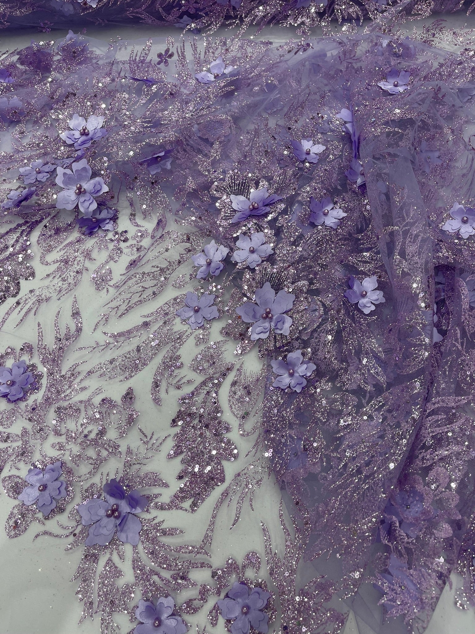 3D Floral Big Glitter Damask Design On A Mesh Lace 54" Wide| New Creations Fabric & Foam Inc. - New Creations Fabric & Foam Inc