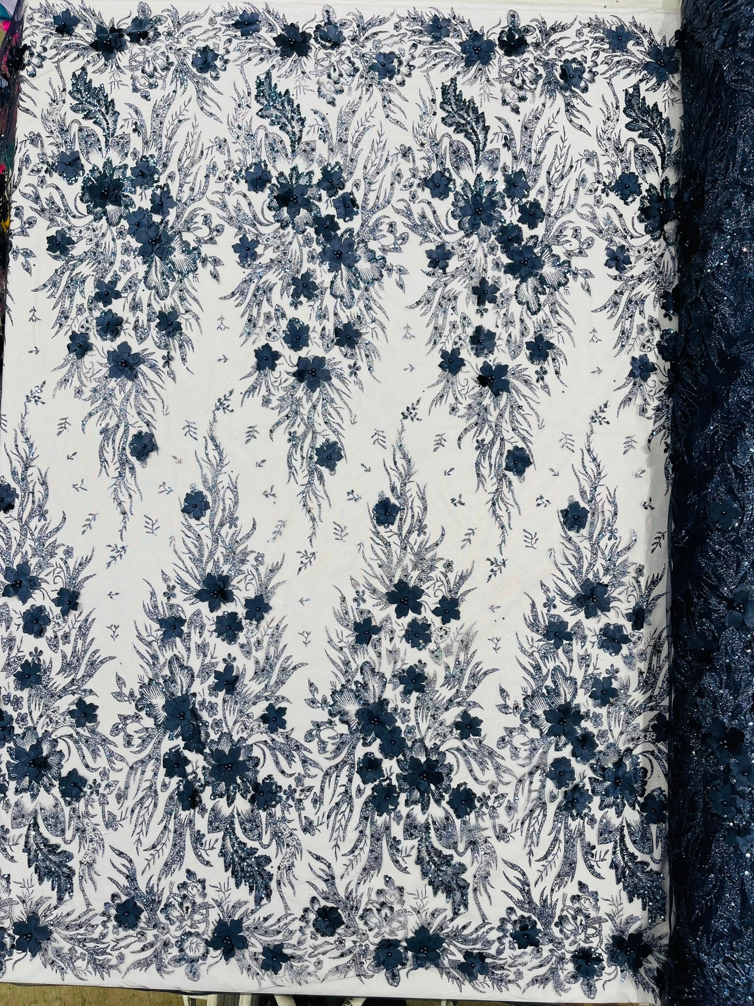 3D Floral Big Glitter Damask Design On A Mesh Lace 54" Wide| New Creations Fabric & Foam Inc. - New Creations Fabric & Foam Inc
