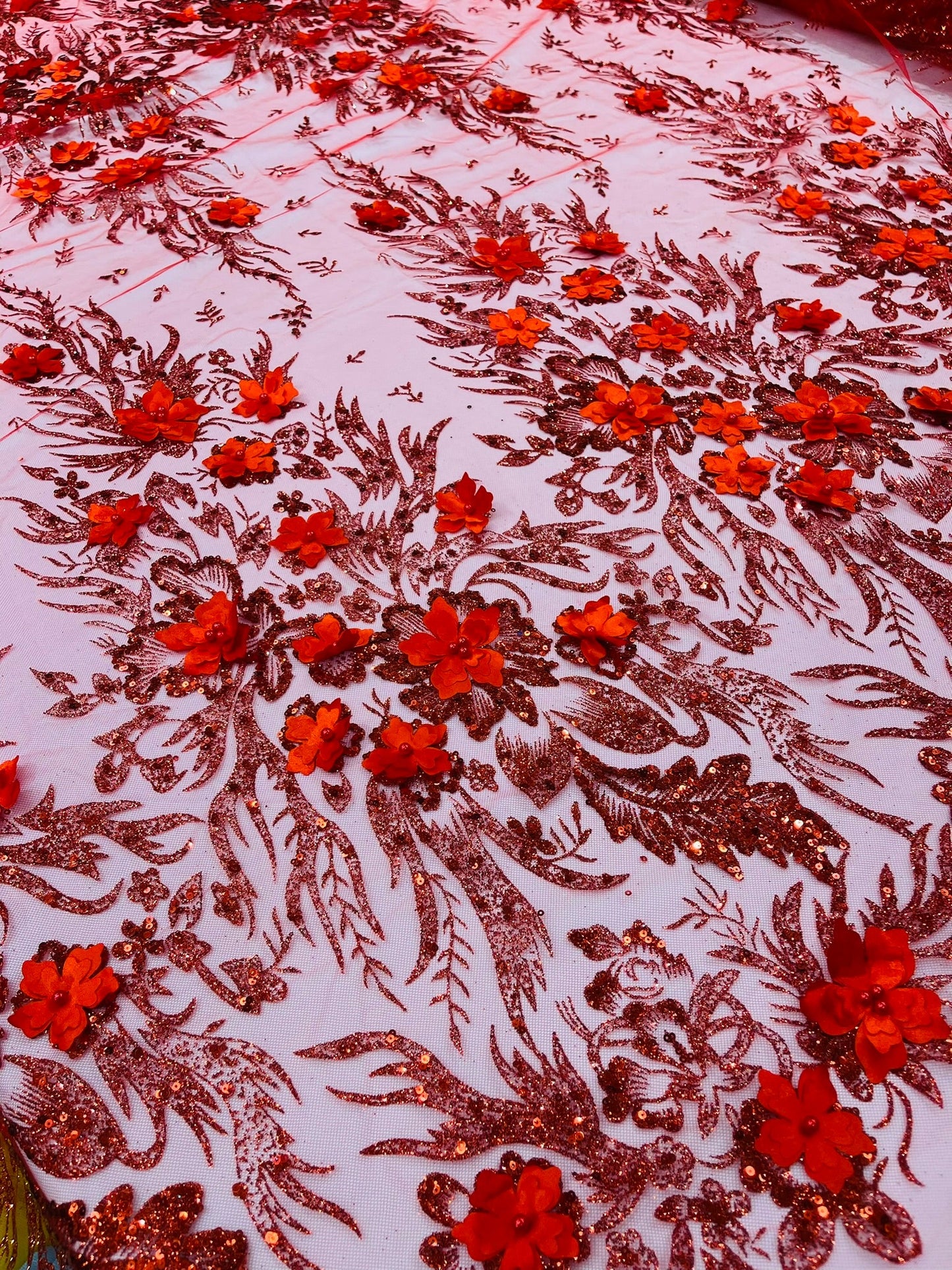3D Floral Big Glitter Damask Design On A Mesh Lace 54" Wide| New Creations Fabric & Foam Inc. - New Creations Fabric & Foam Inc