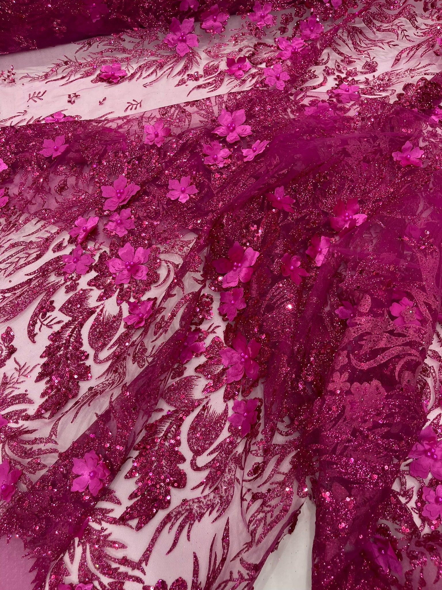 3D Floral Big Glitter Damask Design On A Mesh Lace 54" Wide| New Creations Fabric & Foam Inc. - New Creations Fabric & Foam Inc