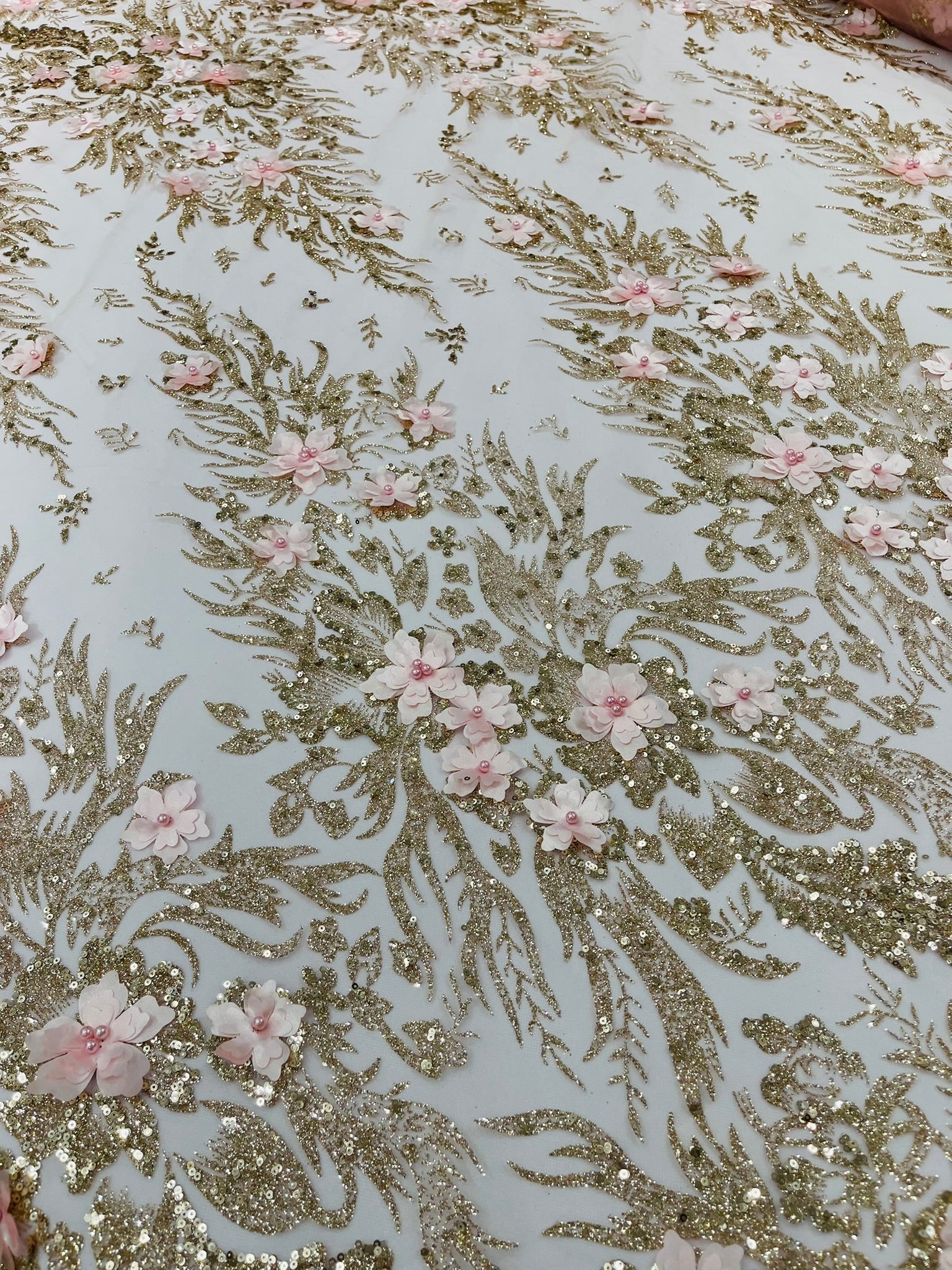 3D Floral Big Glitter Damask Design On A Mesh Lace 54" Wide| New Creations Fabric & Foam Inc. - New Creations Fabric & Foam Inc