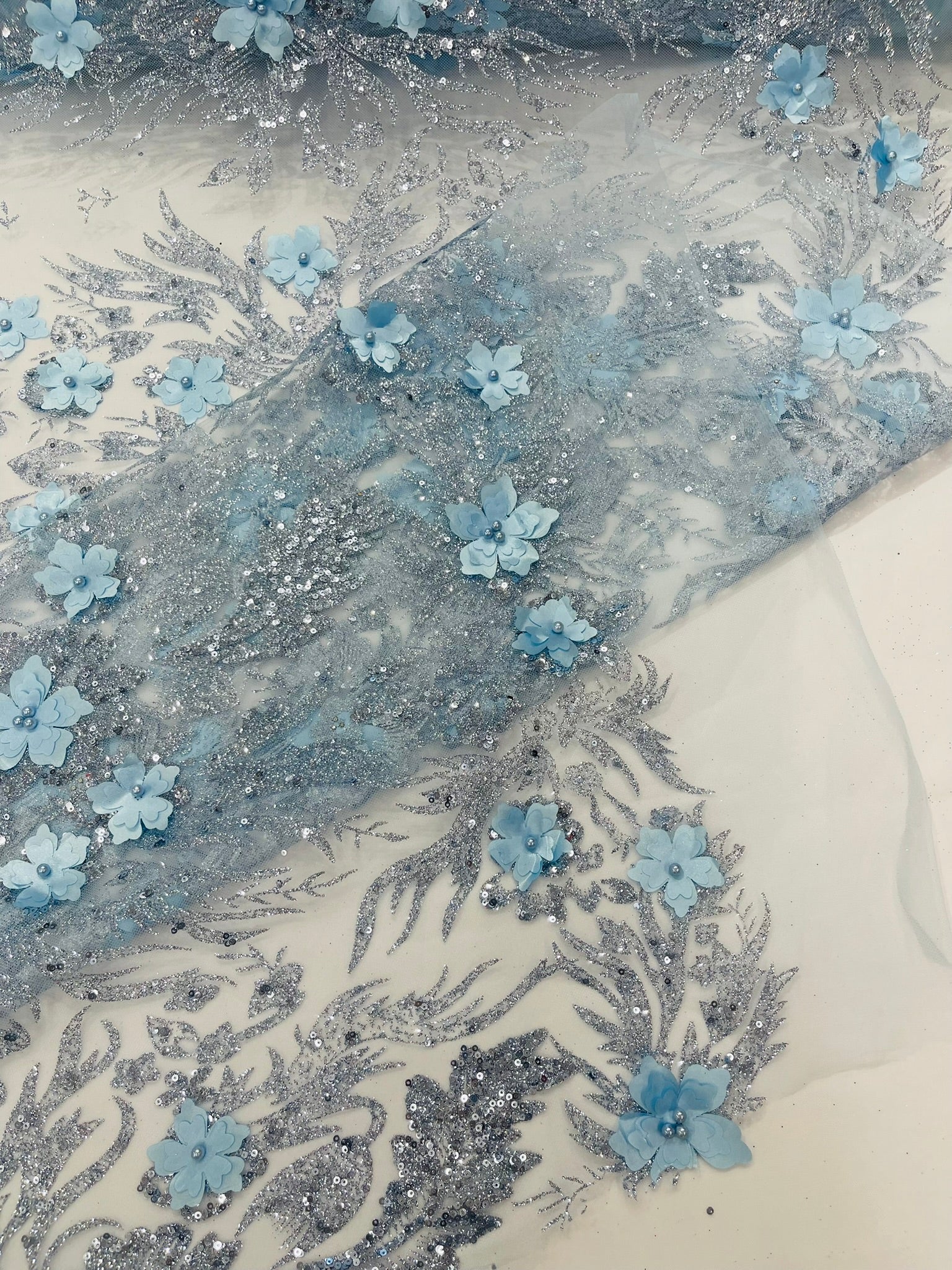 3D Floral Big Glitter Damask Design On A Mesh Lace 54" Wide| New Creations Fabric & Foam Inc. - New Creations Fabric & Foam Inc