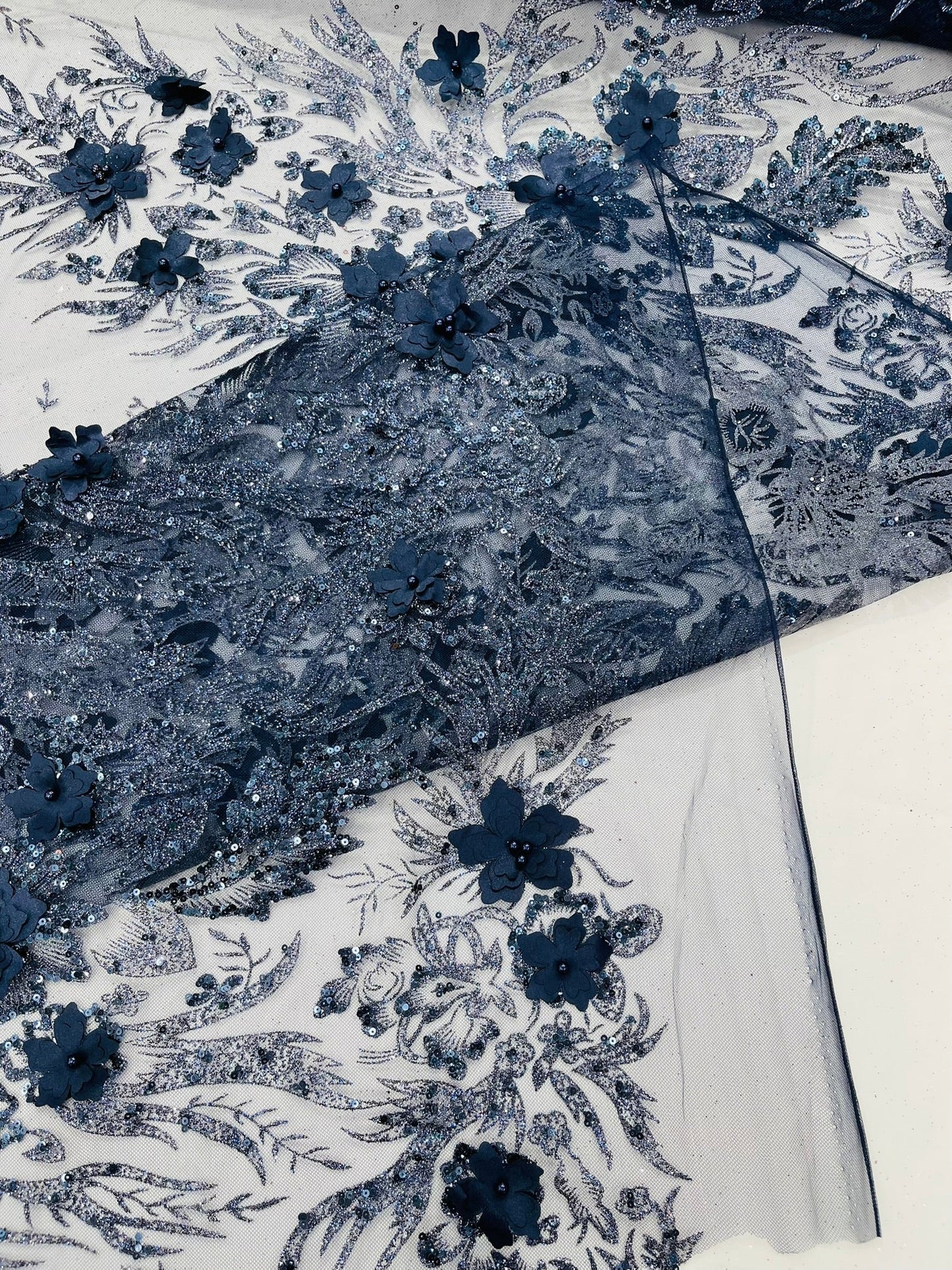 3D Floral Big Glitter Damask Design On A Mesh Lace 54" Wide| New Creations Fabric & Foam Inc. - New Creations Fabric & Foam Inc