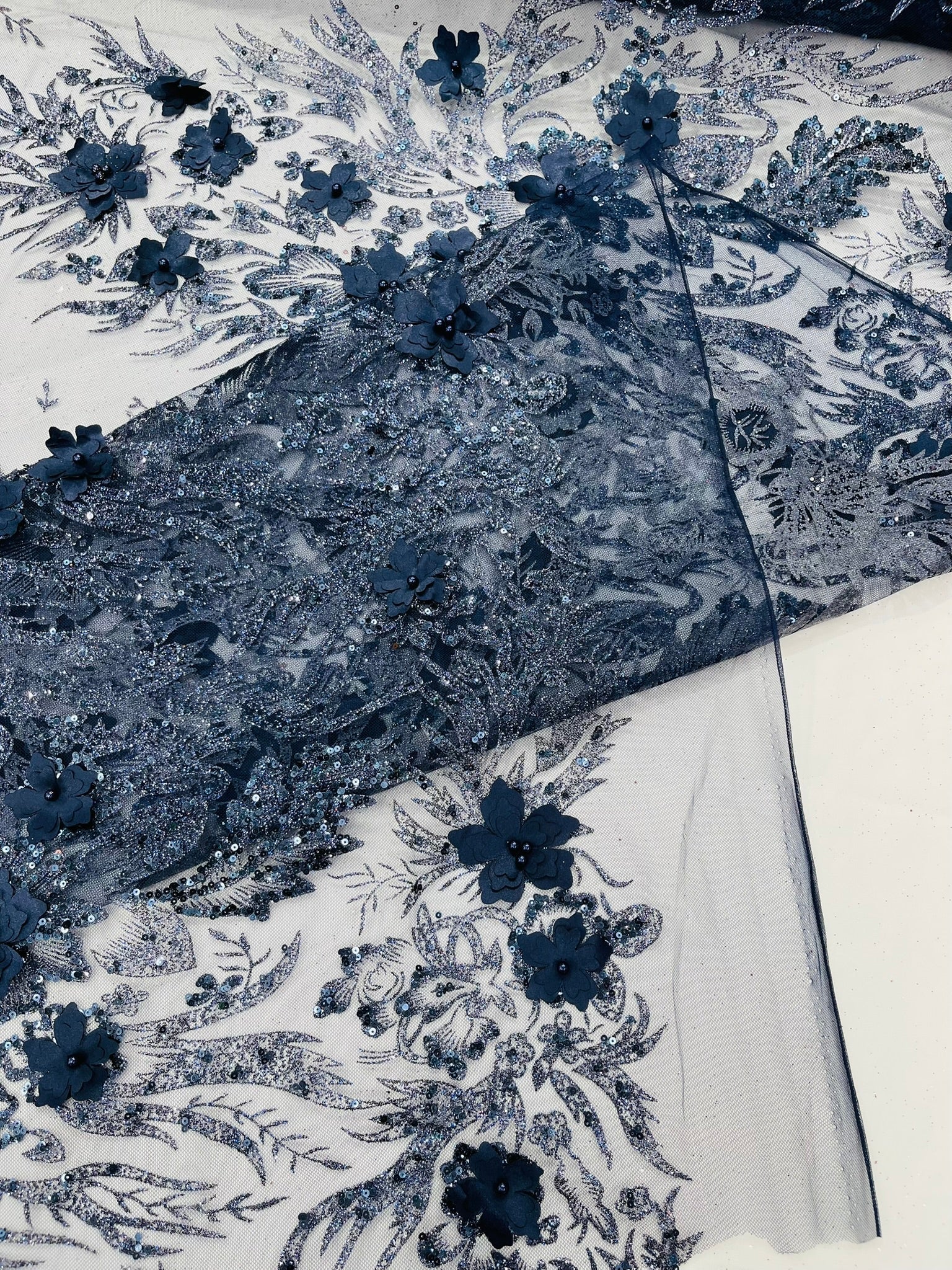 3D Floral Big Glitter Damask Design On A Mesh Lace 54" Wide| New Creations Fabric & Foam Inc. - New Creations Fabric & Foam Inc