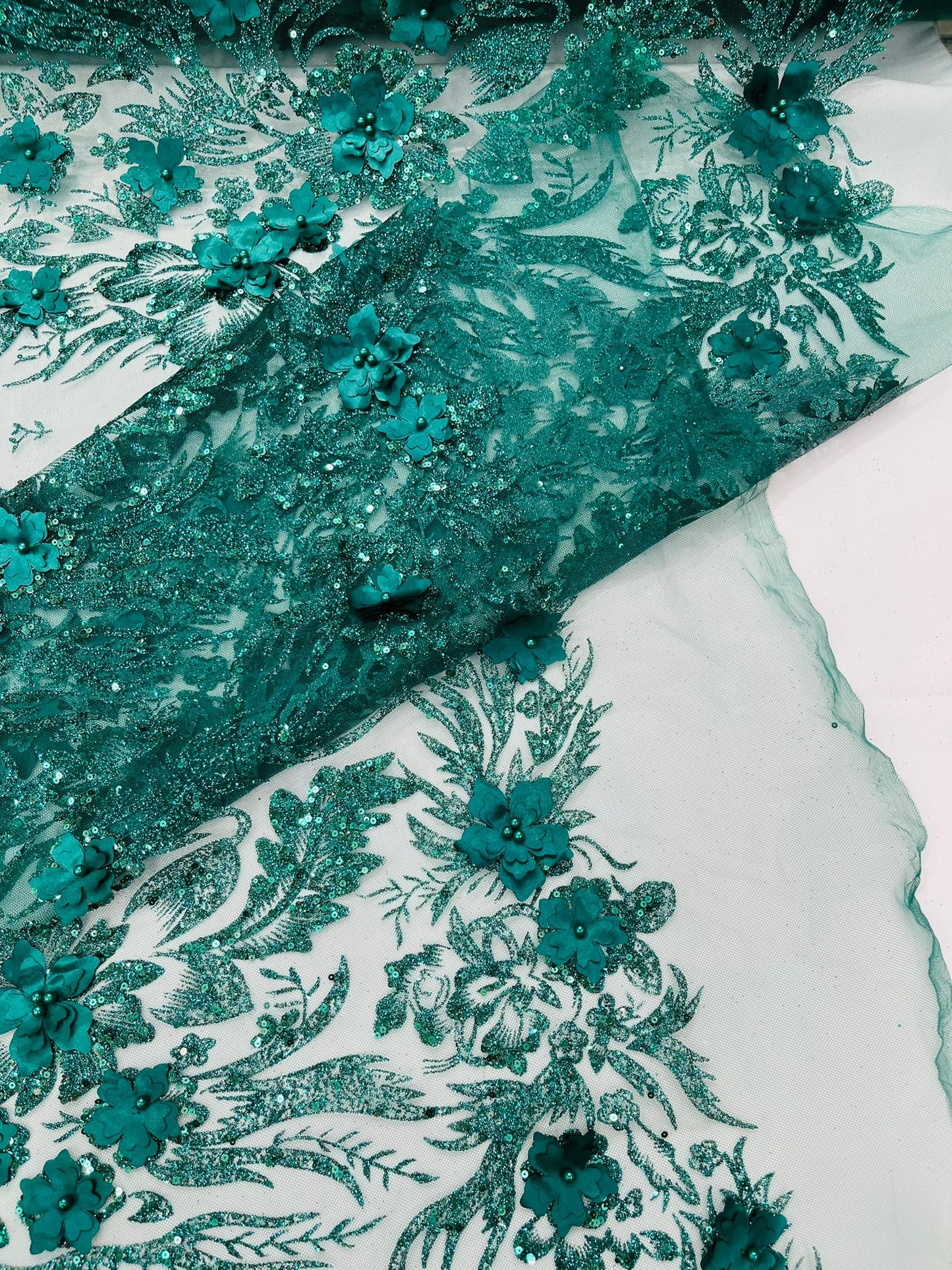 3D Floral Big Glitter Damask Design On A Mesh Lace 54" Wide| New Creations Fabric & Foam Inc. - New Creations Fabric & Foam Inc