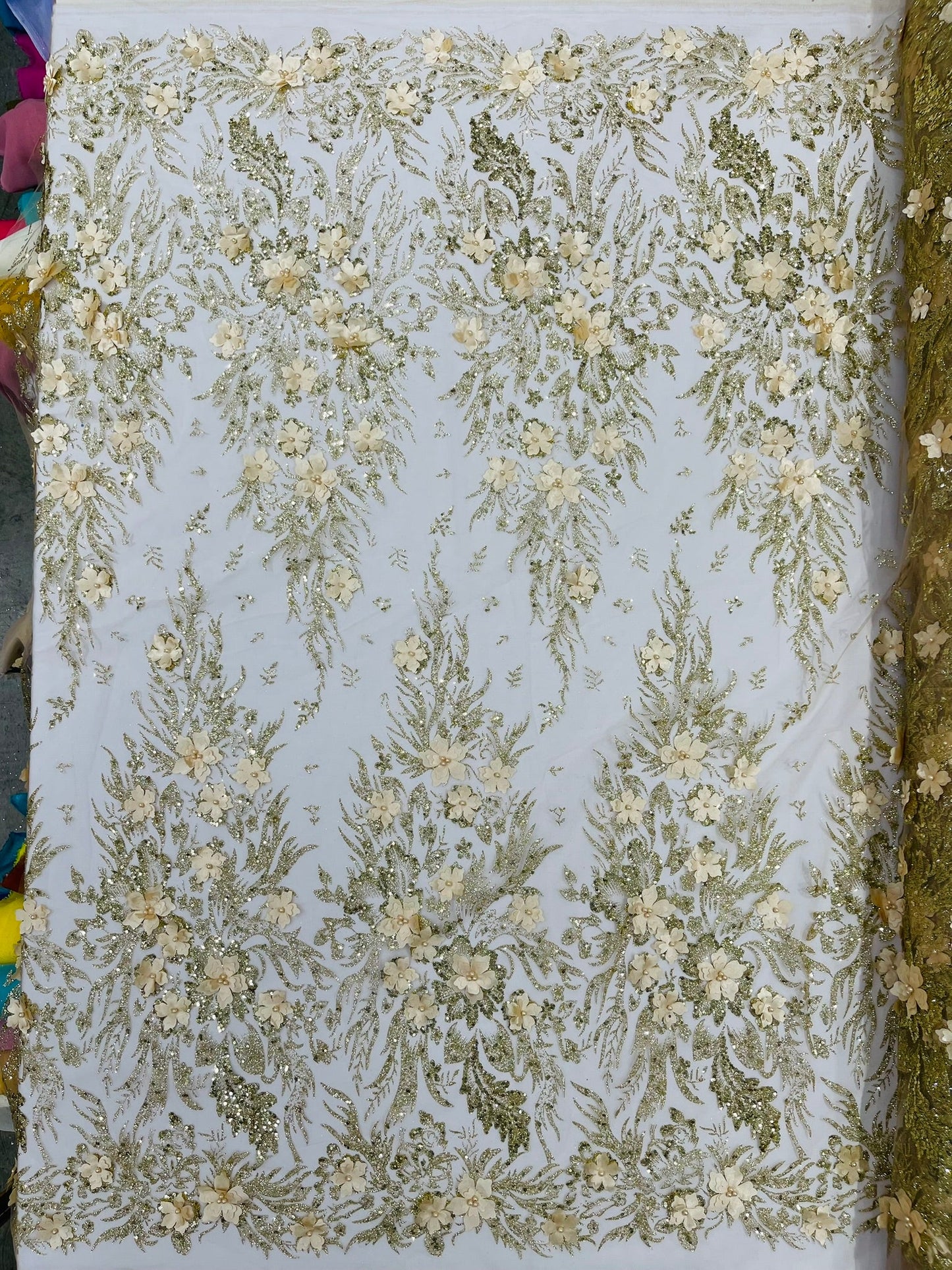 3D Floral Big Glitter Damask Design On A Mesh Lace 54" Wide| New Creations Fabric & Foam Inc. - New Creations Fabric & Foam Inc