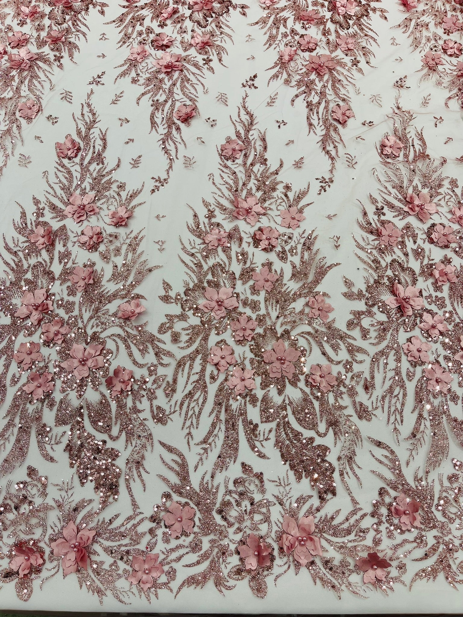 3D Floral Big Glitter Damask Design On A Mesh Lace 54" Wide| New Creations Fabric & Foam Inc. - New Creations Fabric & Foam Inc