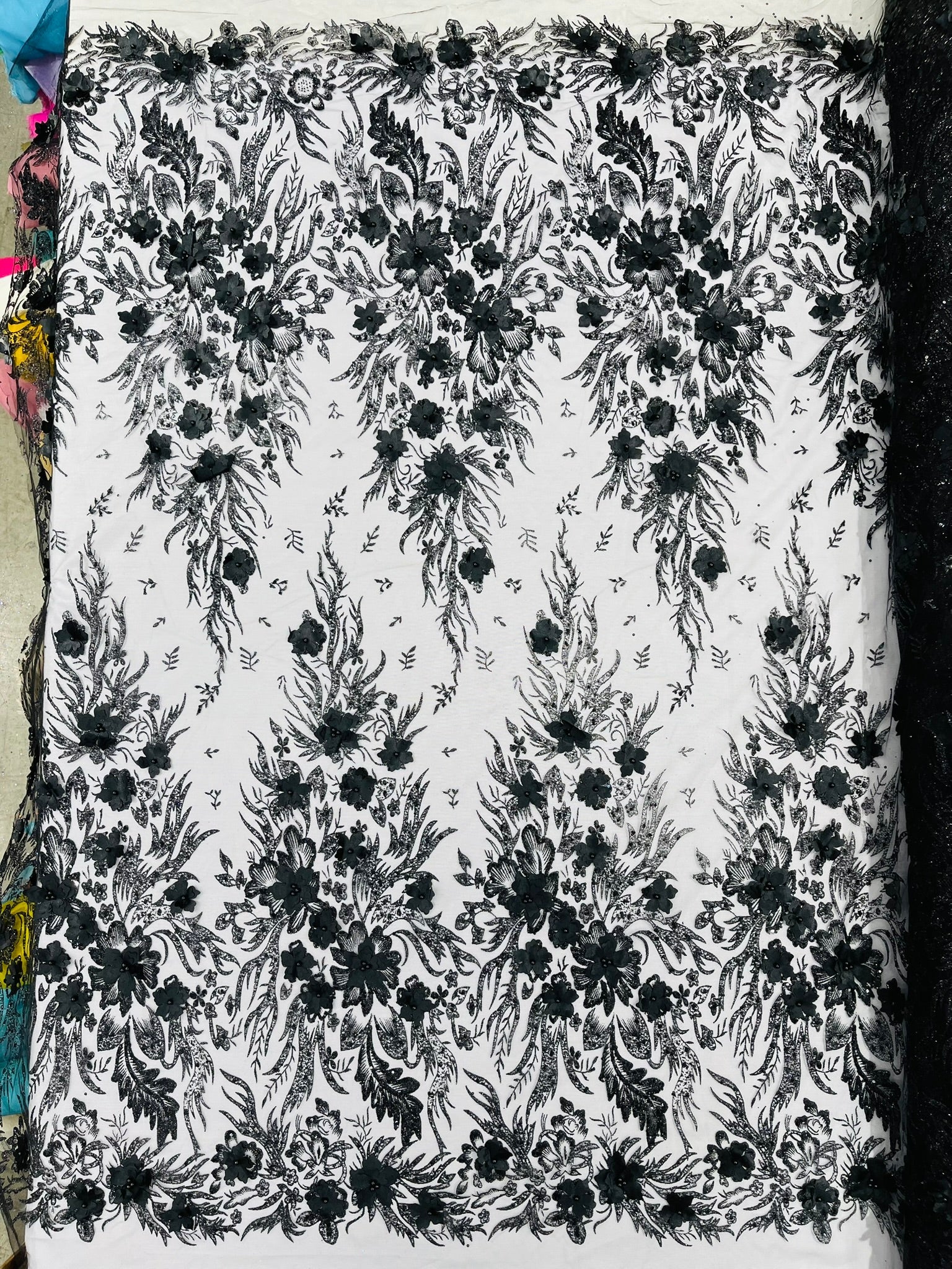 3D Floral Big Glitter Damask Design On A Mesh Lace 54" Wide| New Creations Fabric & Foam Inc. - New Creations Fabric & Foam Inc