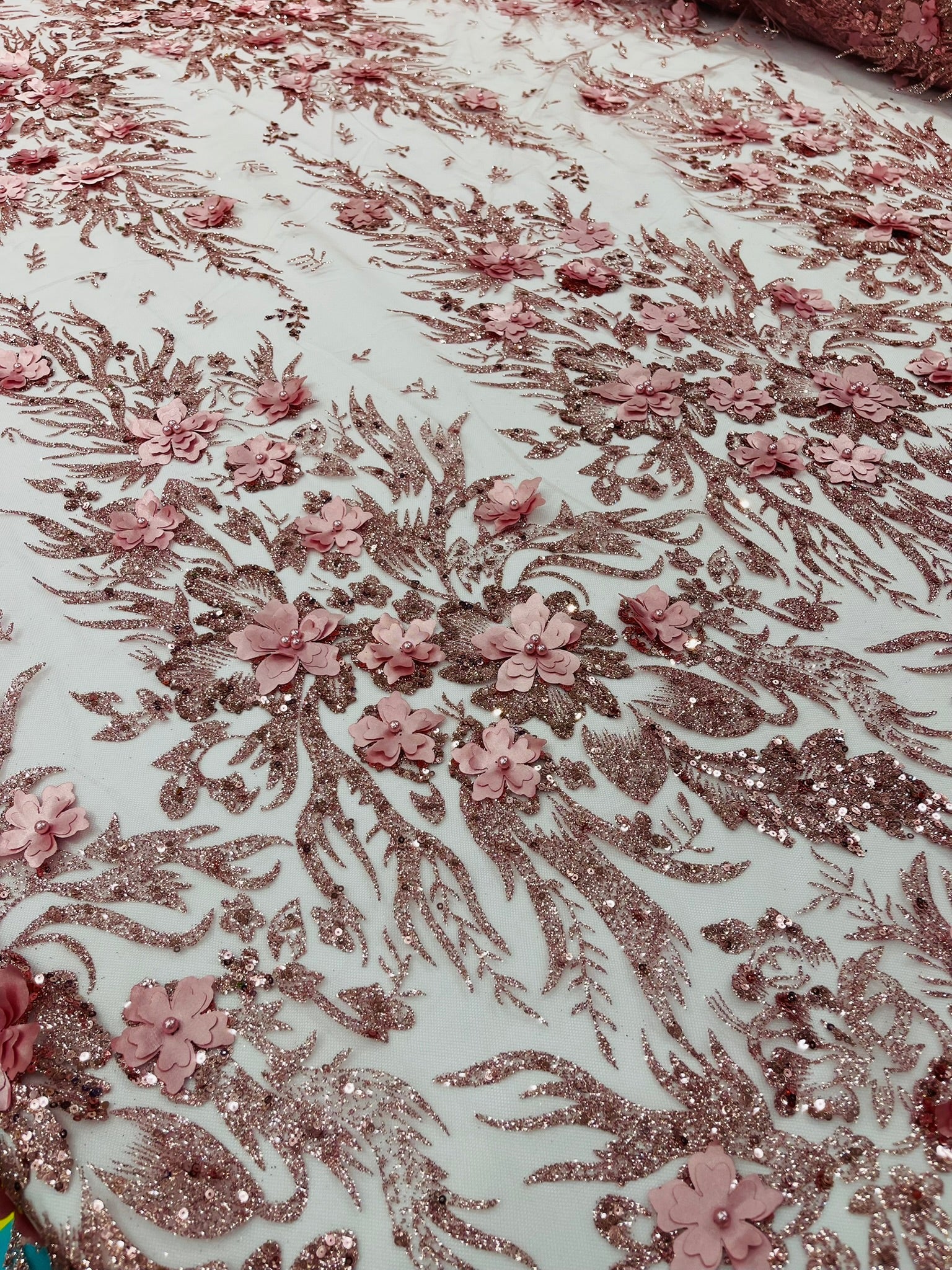 3D Floral Big Glitter Damask Design On A Mesh Lace 54" Wide| New Creations Fabric & Foam Inc. - New Creations Fabric & Foam Inc