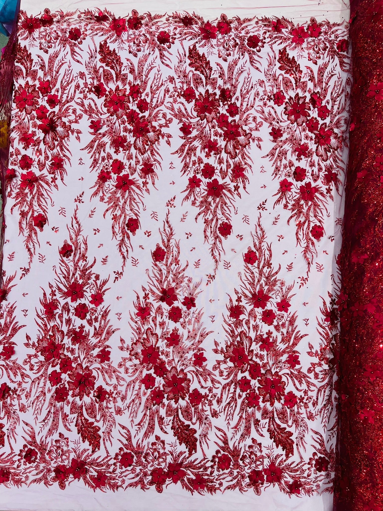 3D Floral Big Glitter Damask Design On A Mesh Lace 54" Wide| New Creations Fabric & Foam Inc. - New Creations Fabric & Foam Inc