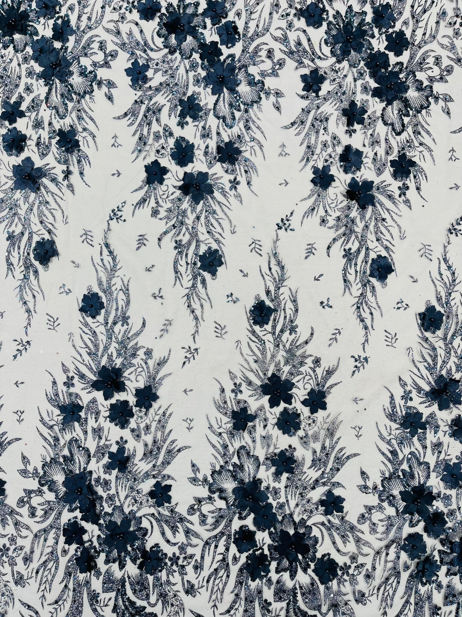 3D Floral Big Glitter Damask Design On A Mesh Lace 54" Wide| New Creations Fabric & Foam Inc. - New Creations Fabric & Foam Inc