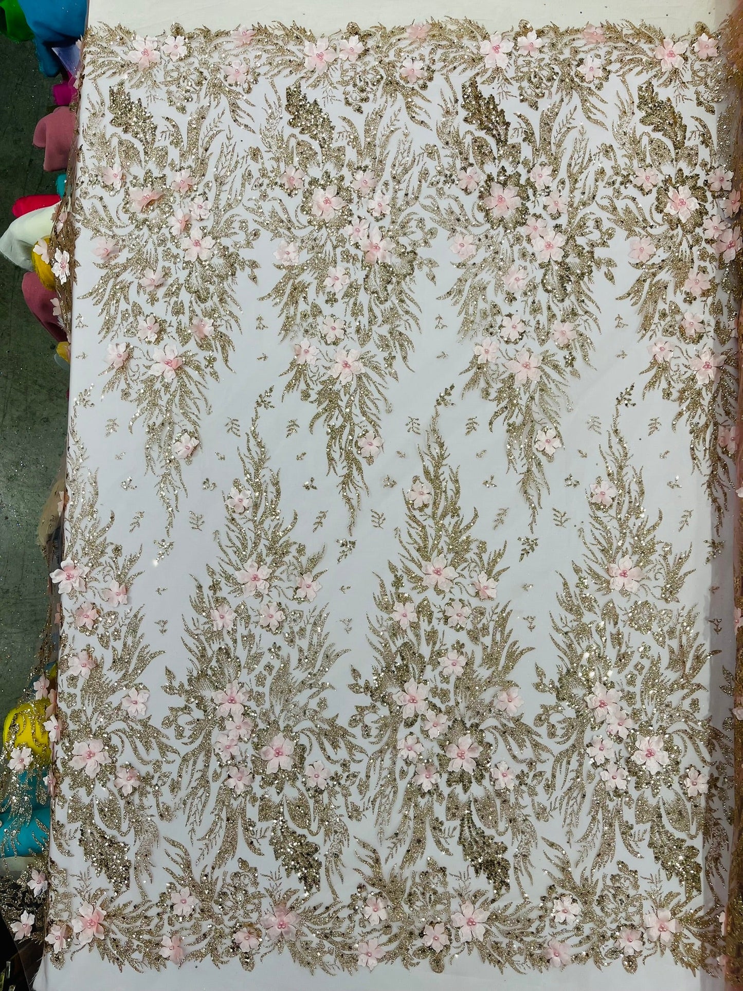 3D Floral Big Glitter Damask Design On A Mesh Lace 54" Wide| New Creations Fabric & Foam Inc. - New Creations Fabric & Foam Inc