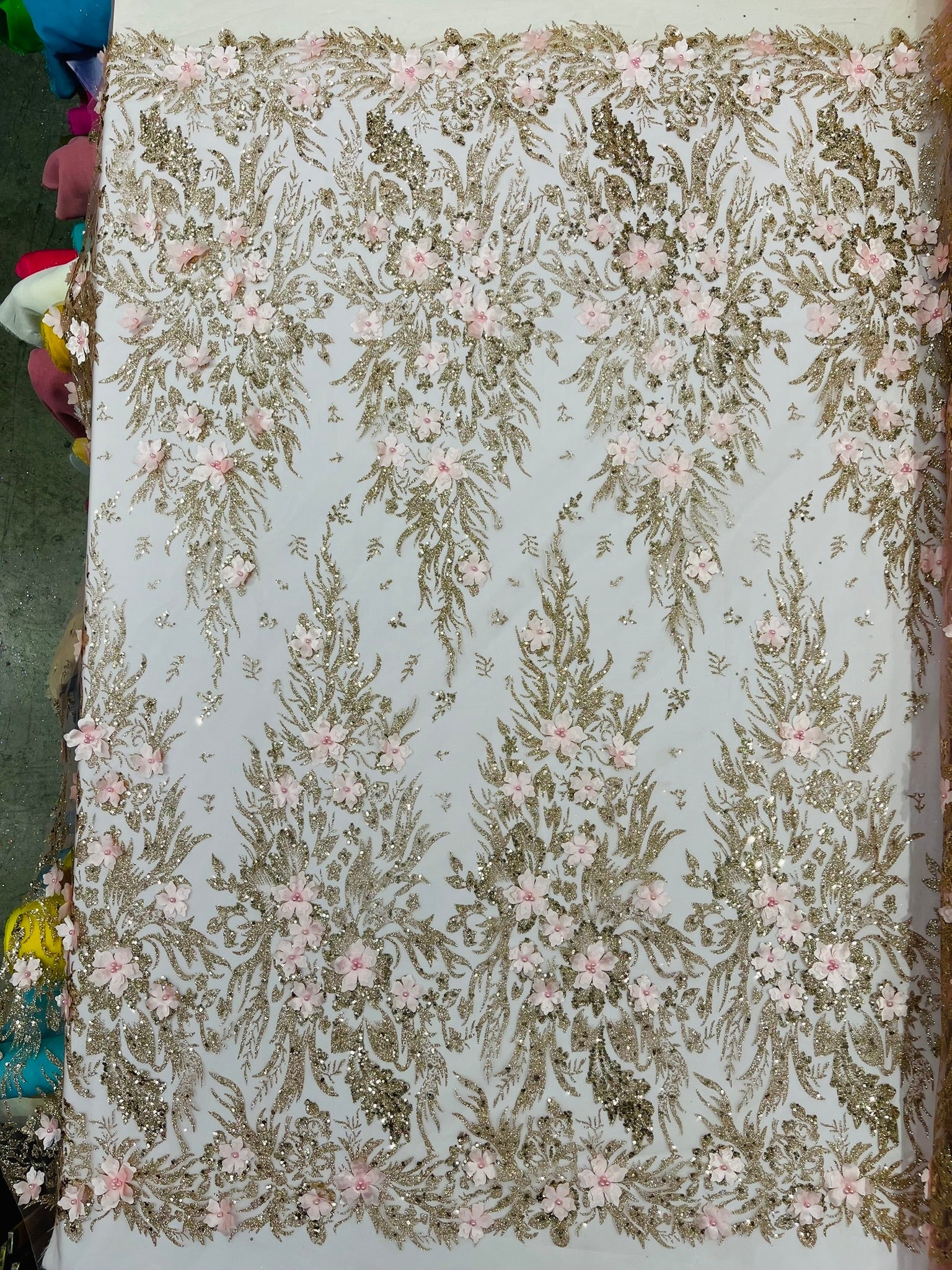 3D Floral Big Glitter Damask Design On A Mesh Lace 54" Wide| New Creations Fabric & Foam Inc. - New Creations Fabric & Foam Inc