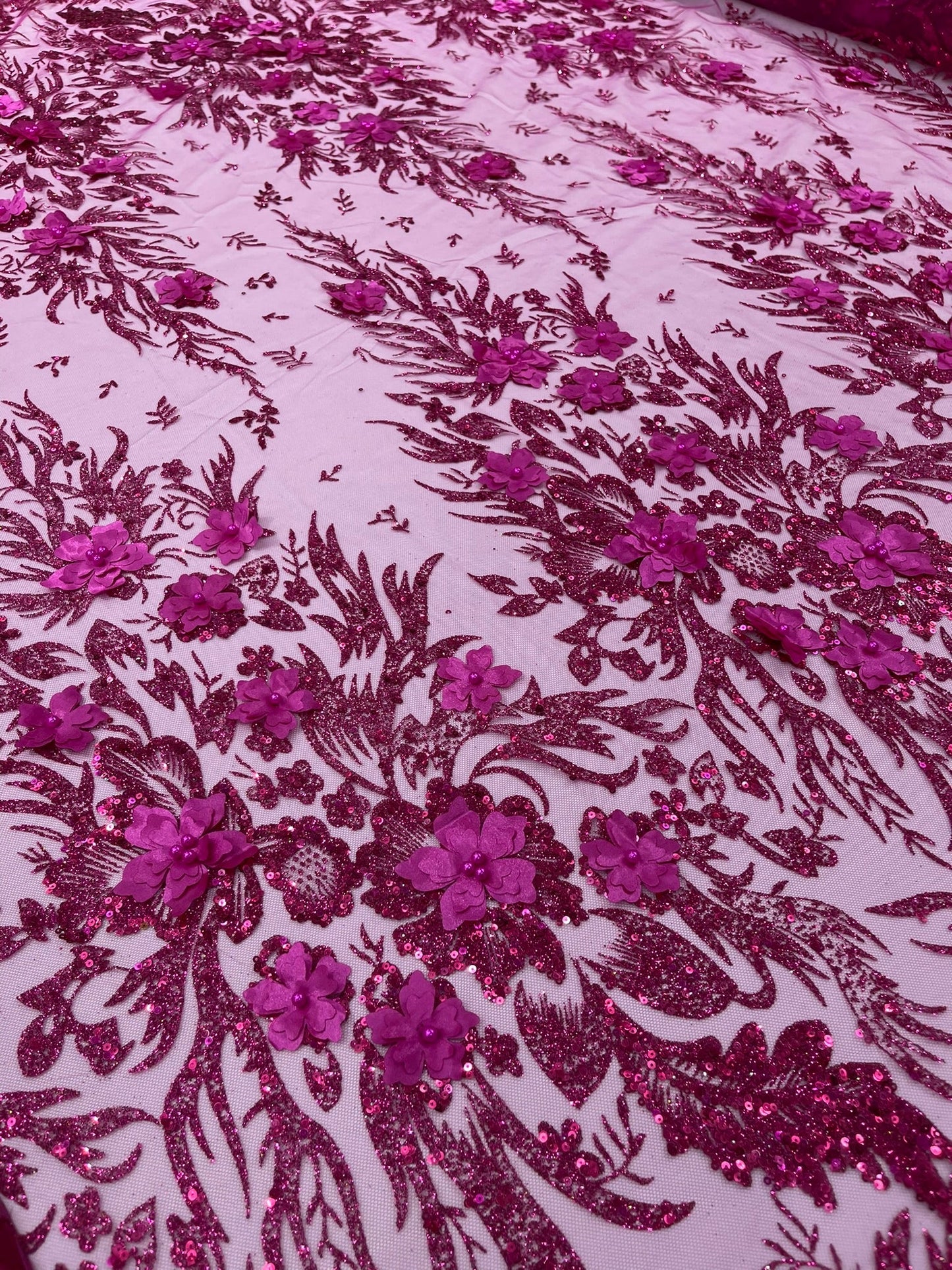 3D Floral Big Glitter Damask Design On A Mesh Lace 54" Wide| New Creations Fabric & Foam Inc. - New Creations Fabric & Foam Inc