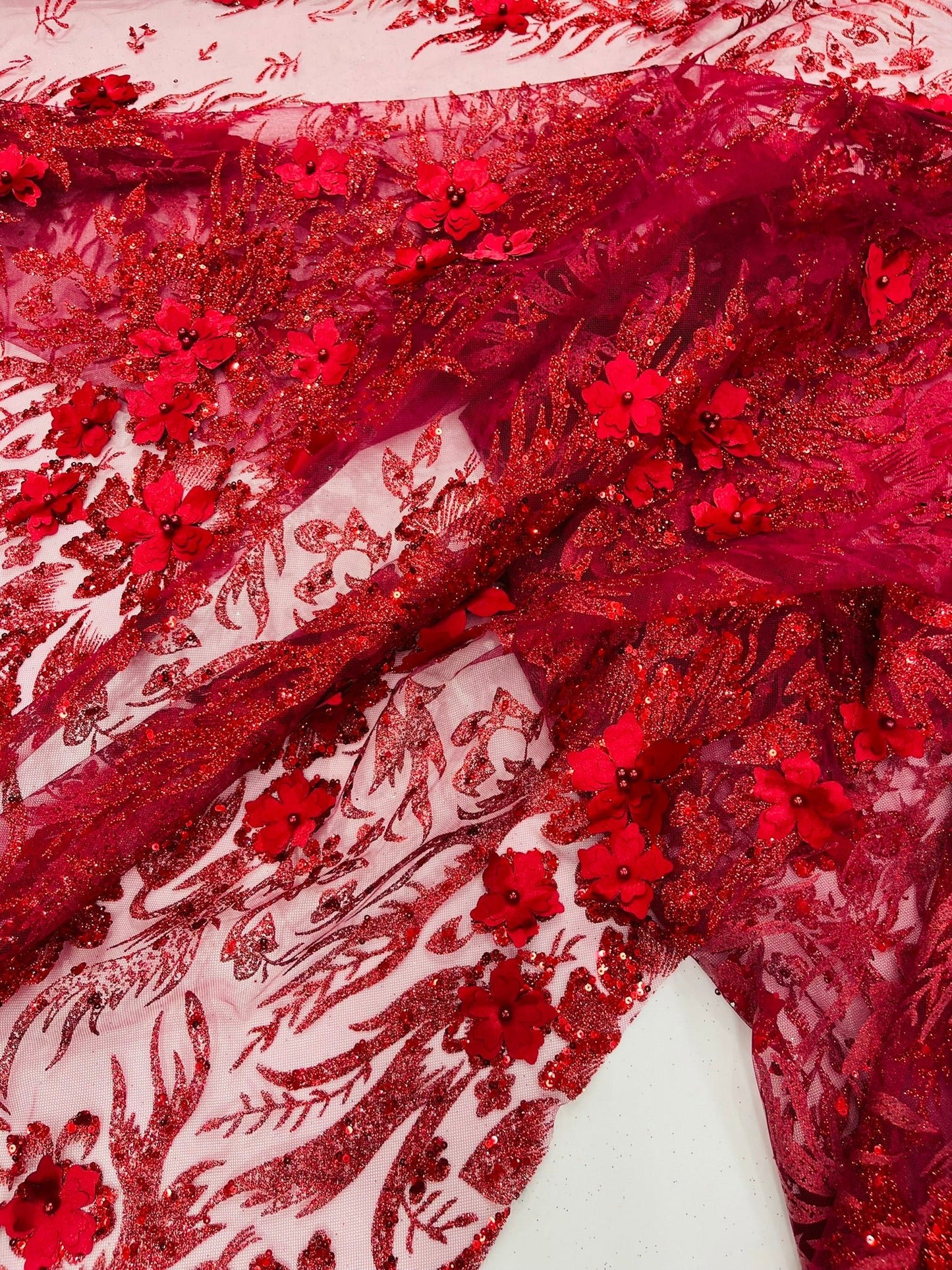 3D Floral Big Glitter Damask Design On A Mesh Lace 54" Wide| New Creations Fabric & Foam Inc. - New Creations Fabric & Foam Inc