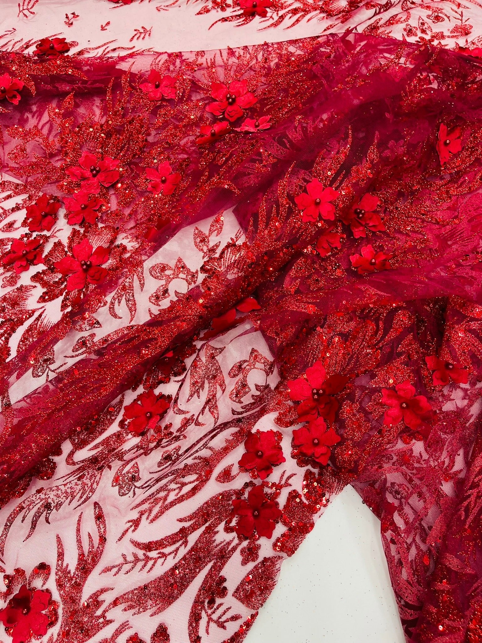 3D Floral Big Glitter Damask Design On A Mesh Lace 54" Wide| New Creations Fabric & Foam Inc. - New Creations Fabric & Foam Inc