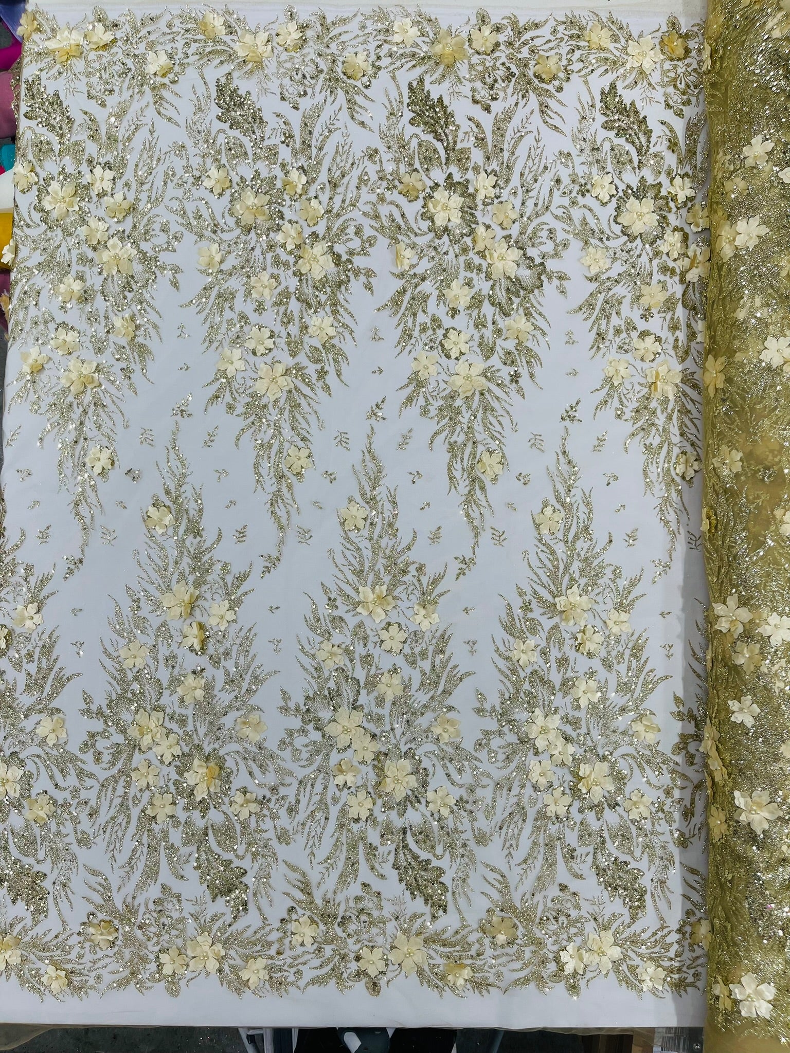 3D Floral Big Glitter Damask Design On A Mesh Lace 54" Wide| New Creations Fabric & Foam Inc. - New Creations Fabric & Foam Inc