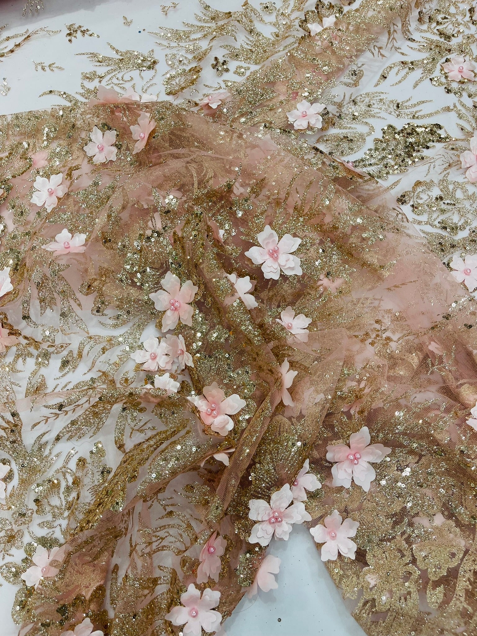 3D Floral Big Glitter Damask Design On A Mesh Lace 54" Wide| New Creations Fabric & Foam Inc. - New Creations Fabric & Foam Inc