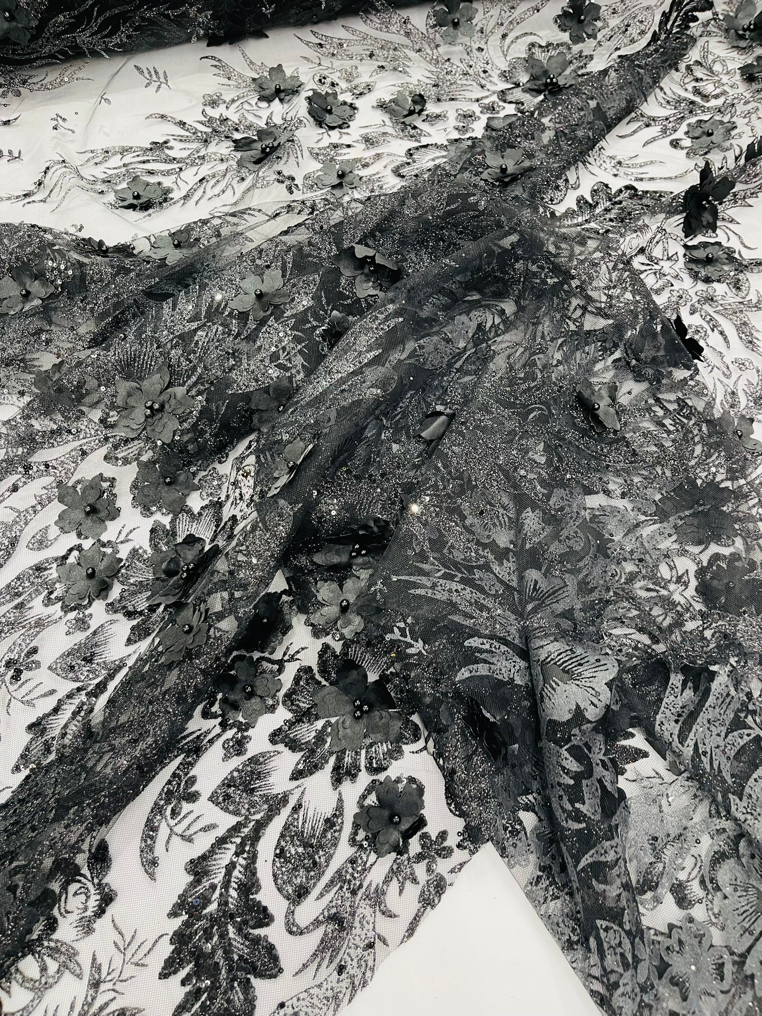 3D Floral Big Glitter Damask Design On A Mesh Lace 54" Wide| New Creations Fabric & Foam Inc. - New Creations Fabric & Foam Inc