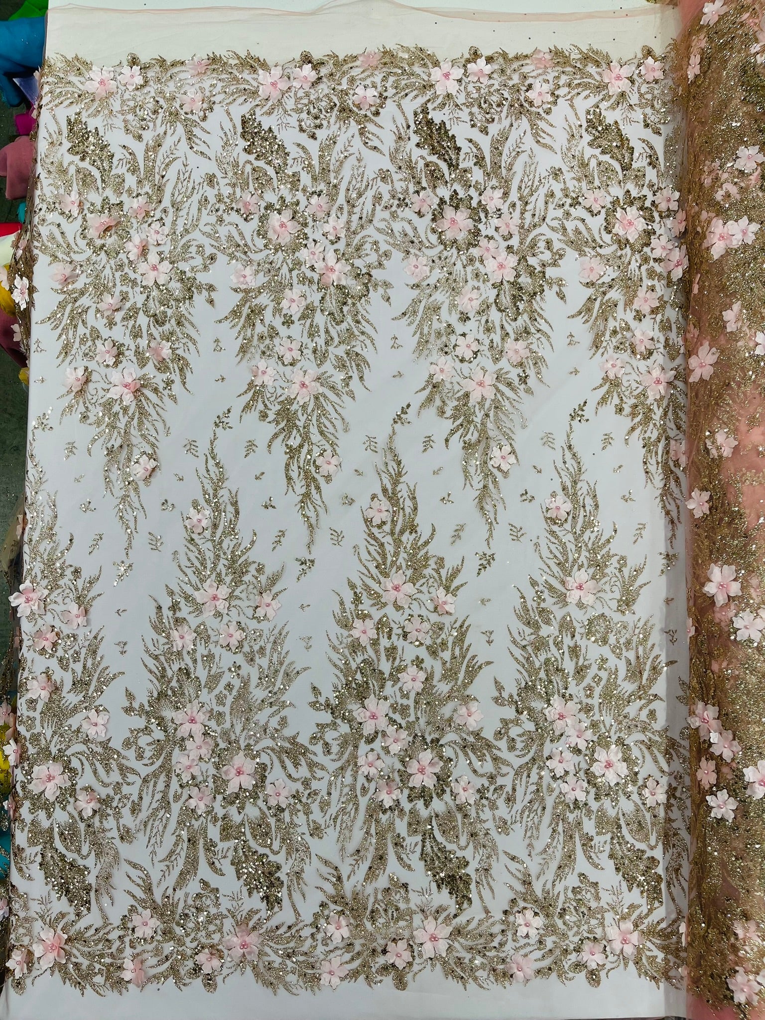 3D Floral Big Glitter Damask Design On A Mesh Lace 54" Wide| New Creations Fabric & Foam Inc. - New Creations Fabric & Foam Inc
