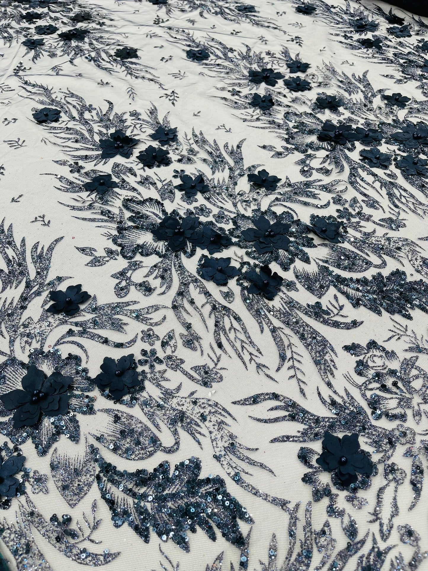 3D Floral Big Glitter Damask Design On A Mesh Lace 54" Wide| New Creations Fabric & Foam Inc. - New Creations Fabric & Foam Inc