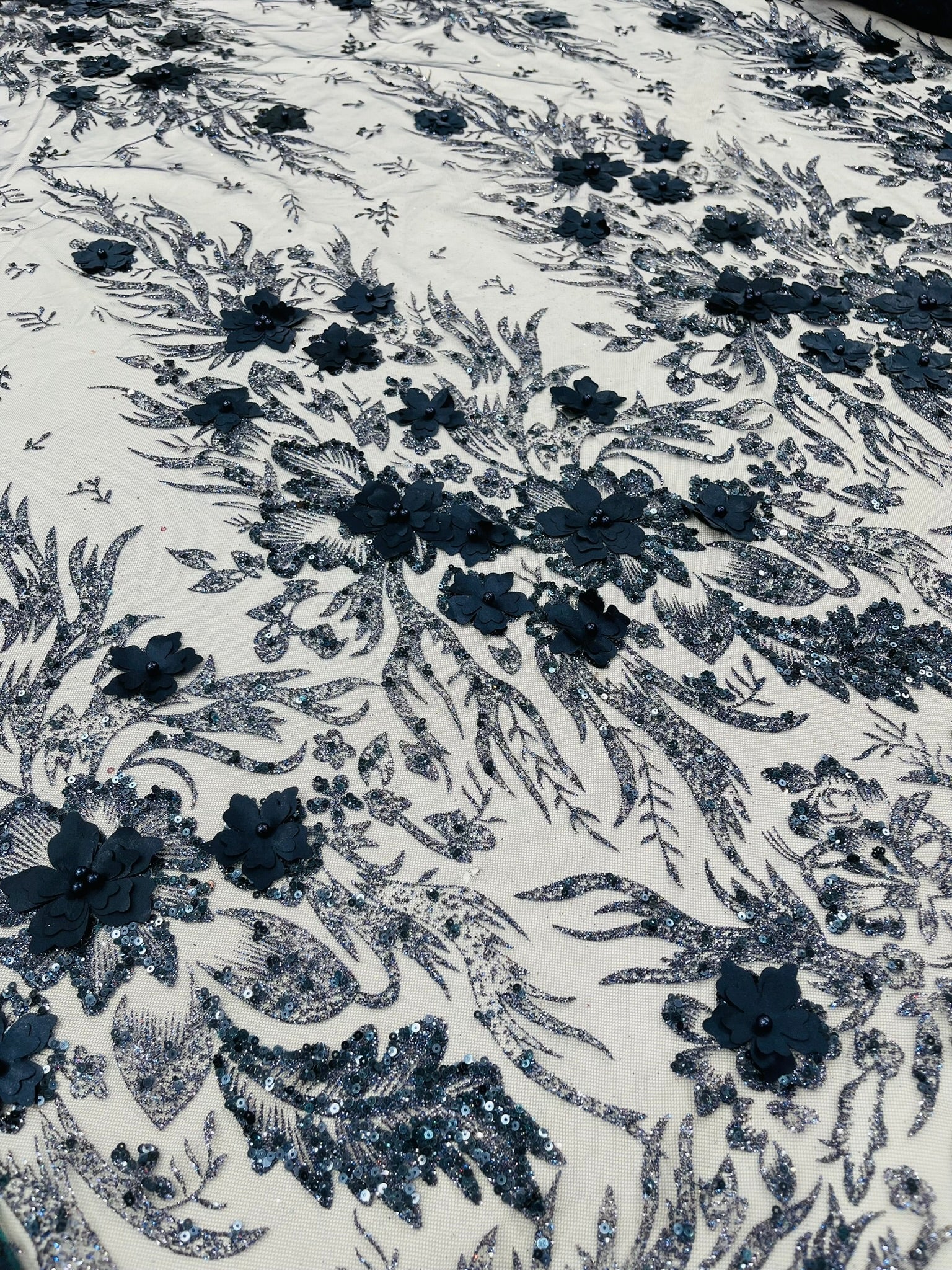 3D Floral Big Glitter Damask Design On A Mesh Lace 54" Wide| New Creations Fabric & Foam Inc. - New Creations Fabric & Foam Inc