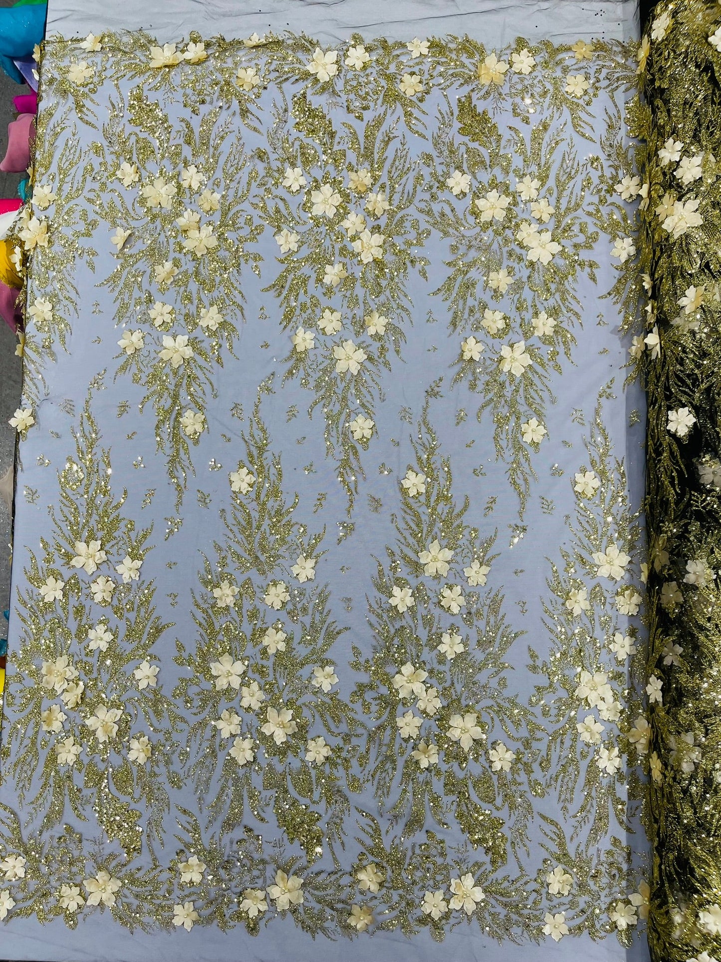 3D Floral Big Glitter Damask Design On A Mesh Lace 54" Wide| New Creations Fabric & Foam Inc. - New Creations Fabric & Foam Inc