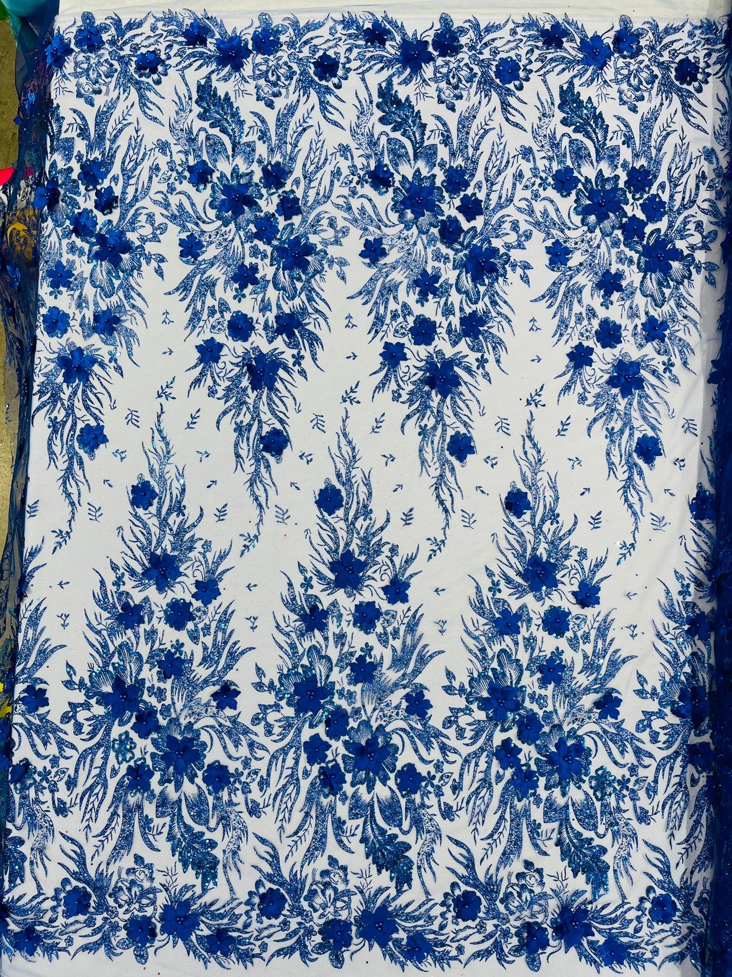 3D Floral Big Glitter Damask Design On A Mesh Lace 54" Wide| New Creations Fabric & Foam Inc. - New Creations Fabric & Foam Inc