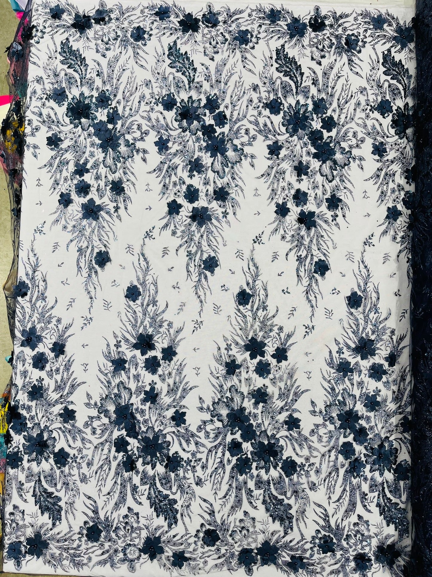 3D Floral Big Glitter Damask Design On A Mesh Lace 54" Wide| New Creations Fabric & Foam Inc. - New Creations Fabric & Foam Inc