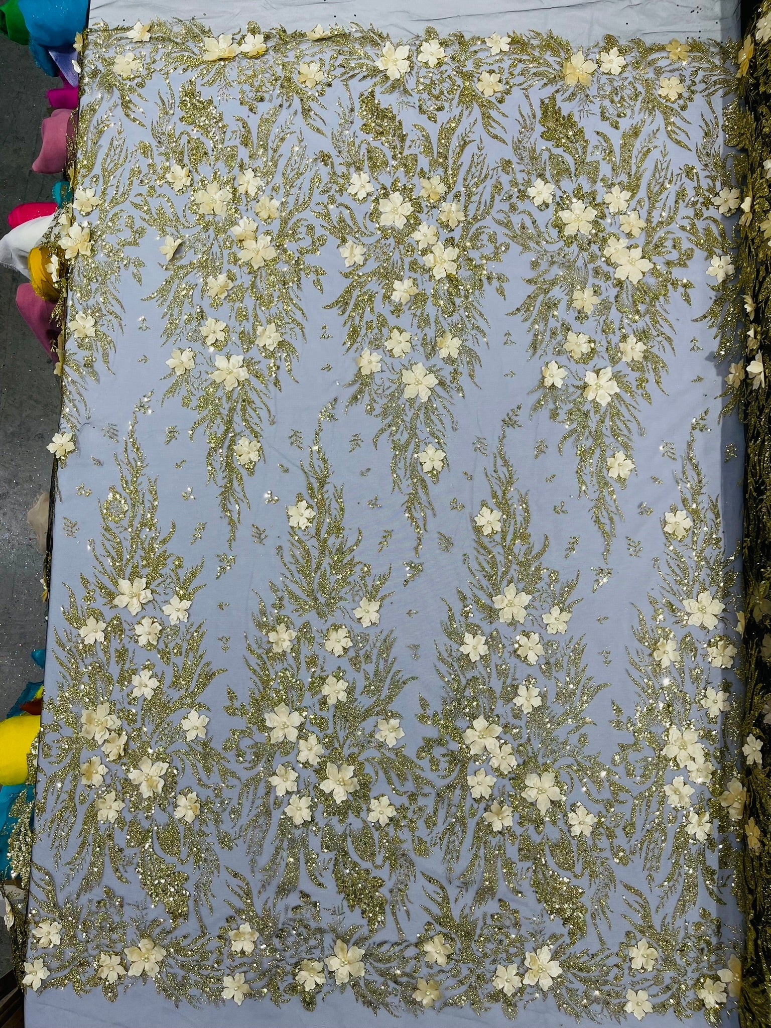 3D Floral Big Glitter Damask Design On A Mesh Lace 54" Wide| New Creations Fabric & Foam Inc. - New Creations Fabric & Foam Inc