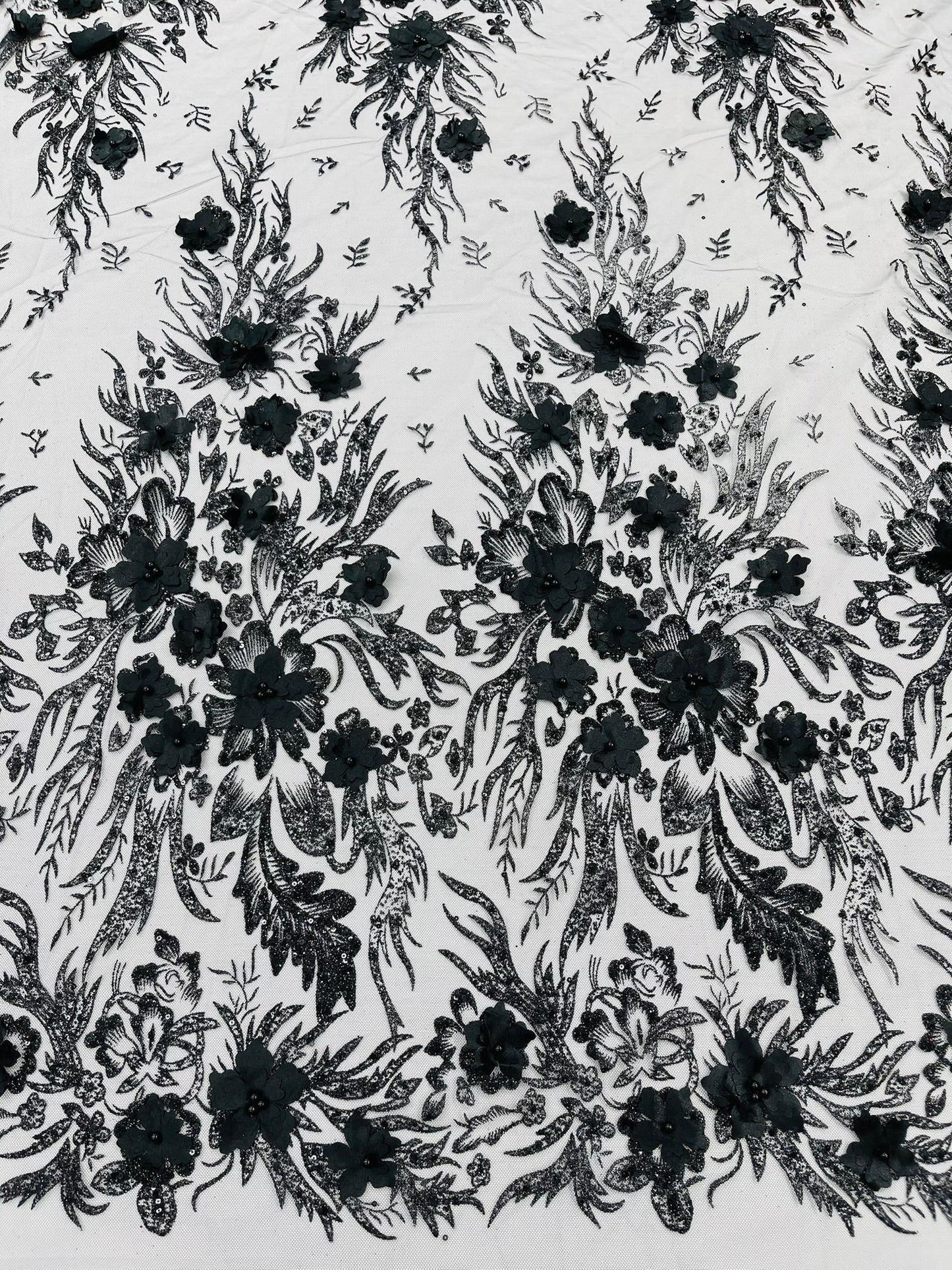 3D Floral Big Glitter Damask Design On A Mesh Lace 54" Wide| New Creations Fabric & Foam Inc. - New Creations Fabric & Foam Inc