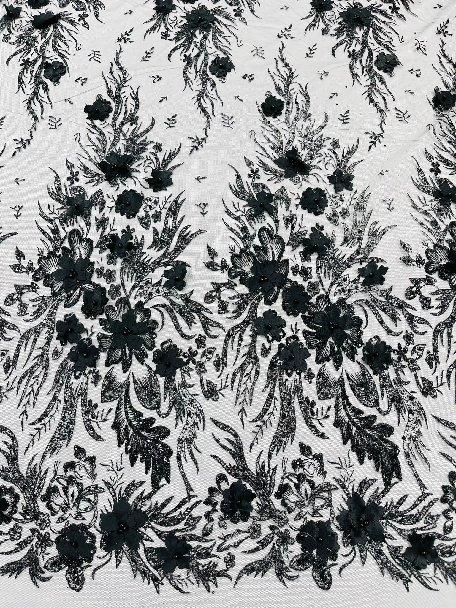 3D Floral Big Glitter Damask Design On A Mesh Lace 54" Wide| New Creations Fabric & Foam Inc. - New Creations Fabric & Foam Inc