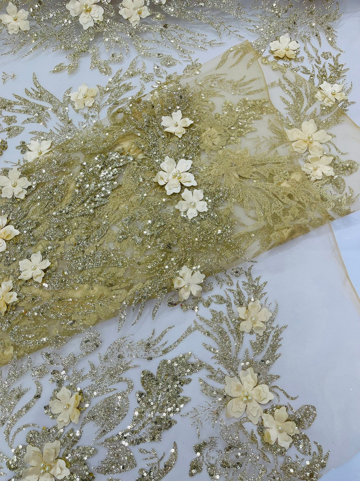 3D Floral Big Glitter Damask Design On A Mesh Lace 54" Wide| New Creations Fabric & Foam Inc. - New Creations Fabric & Foam Inc