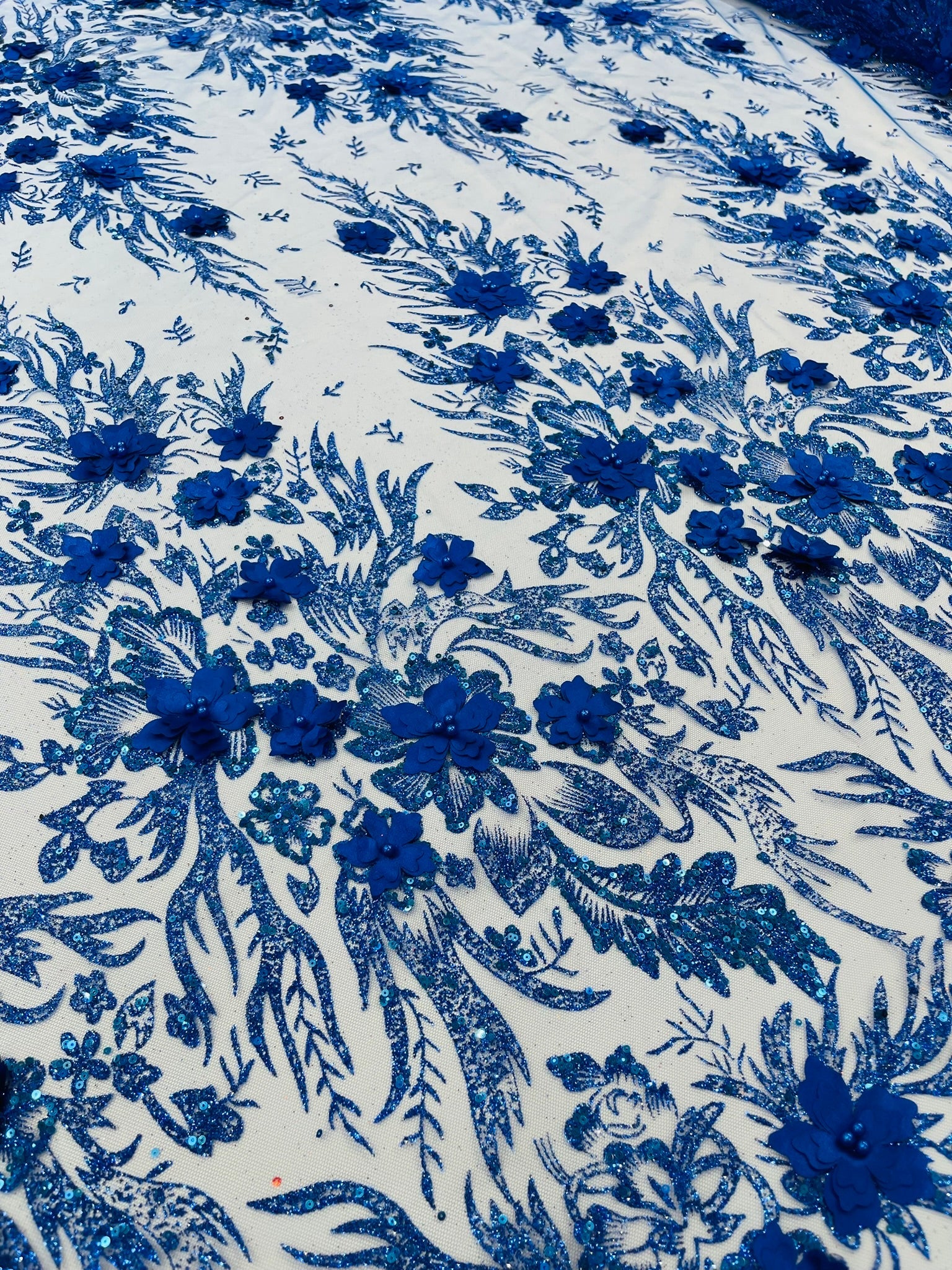 3D Floral Big Glitter Damask Design On A Mesh Lace 54" Wide| New Creations Fabric & Foam Inc. - New Creations Fabric & Foam Inc