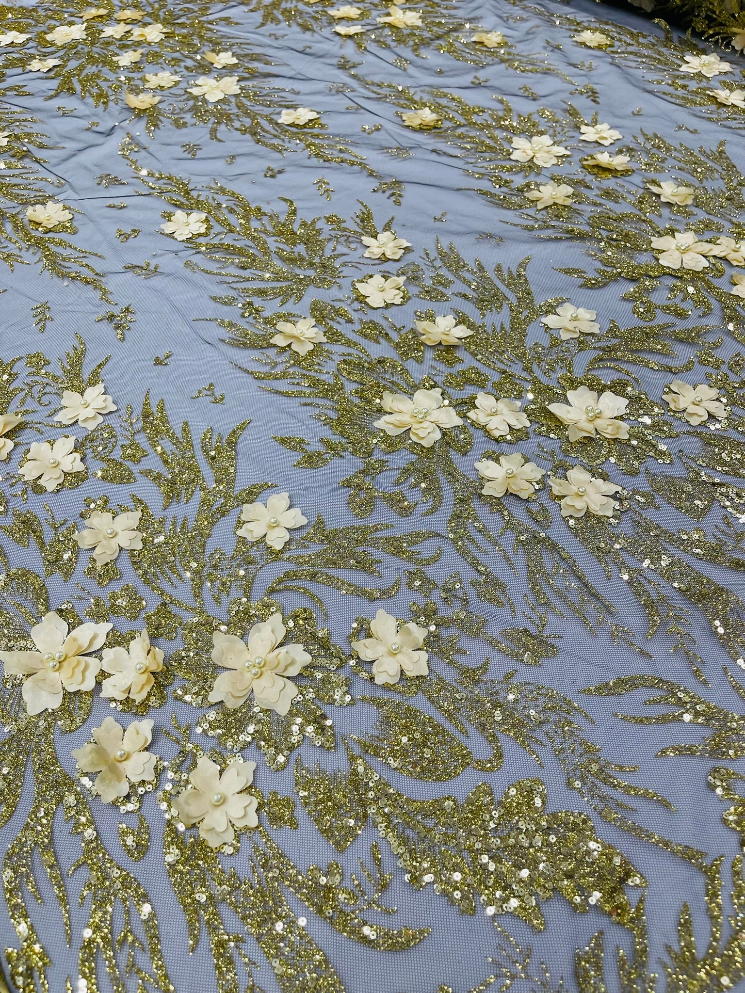 3D Floral Big Glitter Damask Design On A Mesh Lace 54" Wide| New Creations Fabric & Foam Inc. - New Creations Fabric & Foam Inc