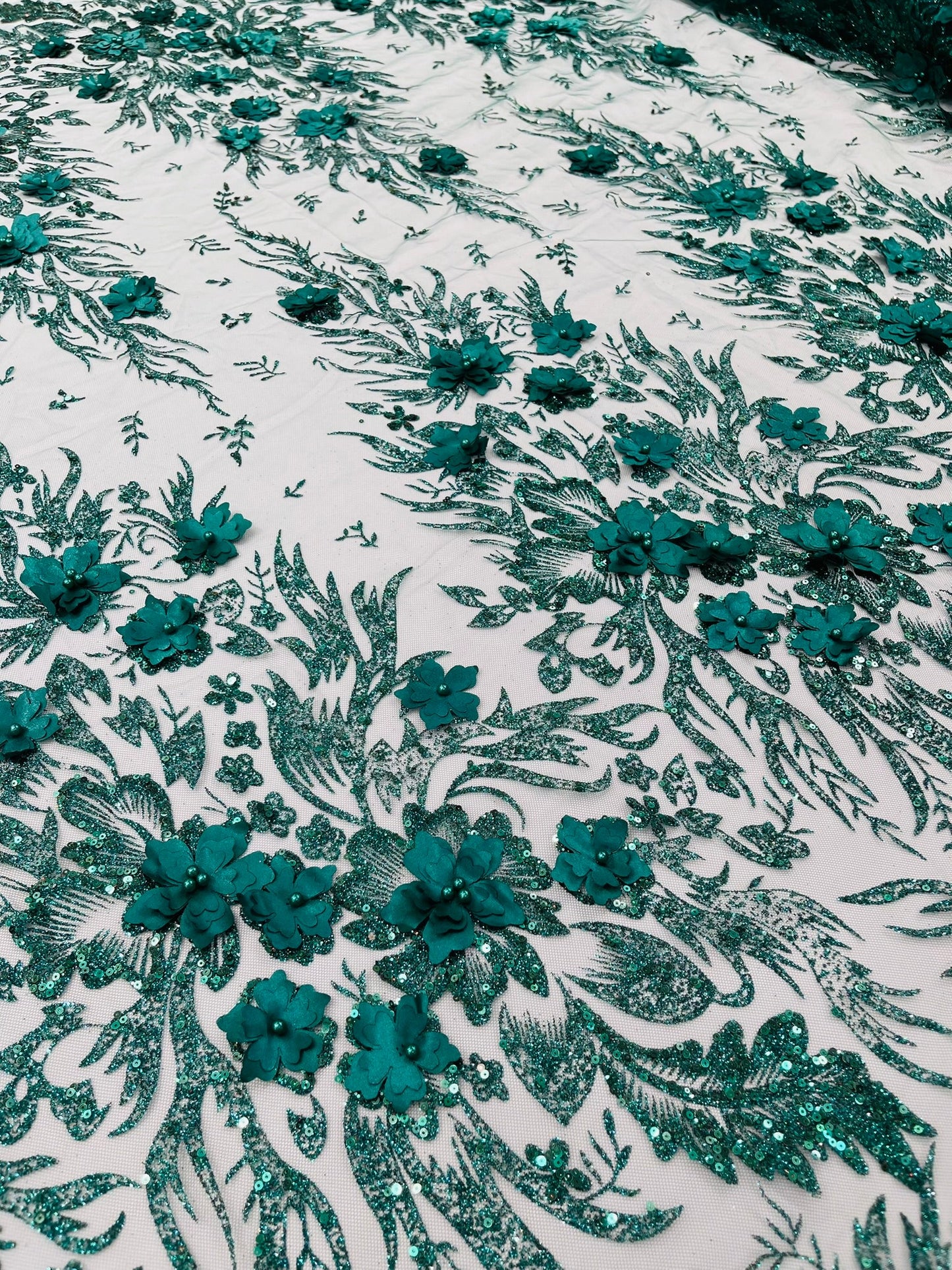 3D Floral Big Glitter Damask Design On A Mesh Lace 54" Wide| New Creations Fabric & Foam Inc. - New Creations Fabric & Foam Inc