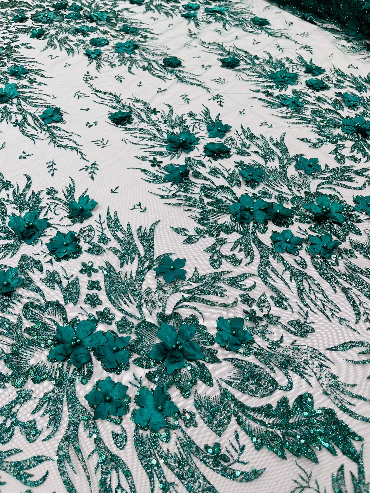 3D Floral Big Glitter Damask Design On A Mesh Lace 54" Wide| New Creations Fabric & Foam Inc. - New Creations Fabric & Foam Inc