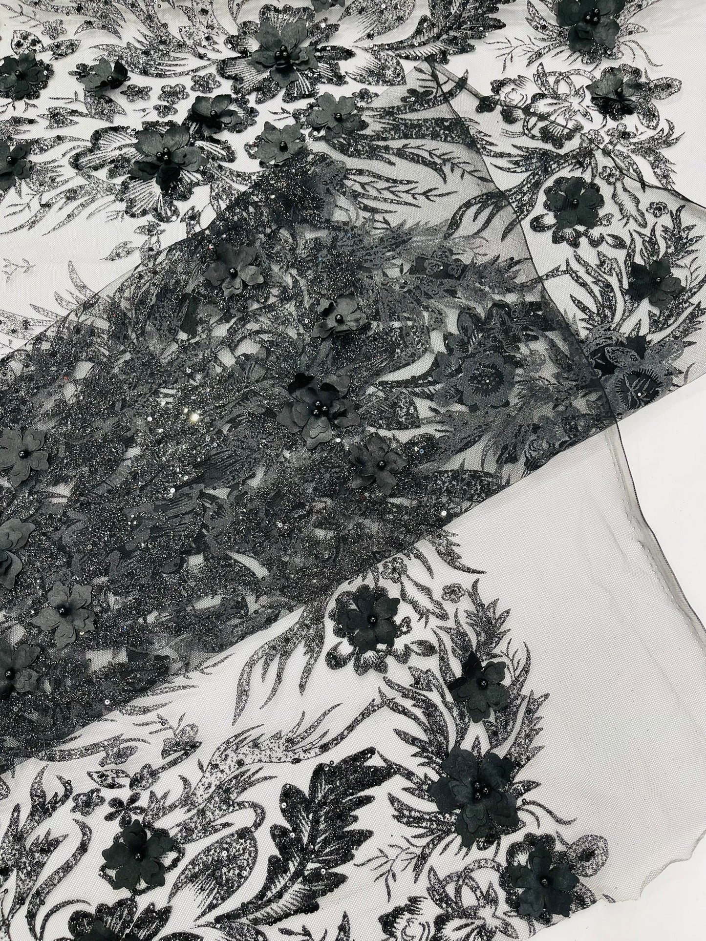 3D Floral Big Glitter Damask Design On A Mesh Lace 54" Wide| New Creations Fabric & Foam Inc. - New Creations Fabric & Foam Inc