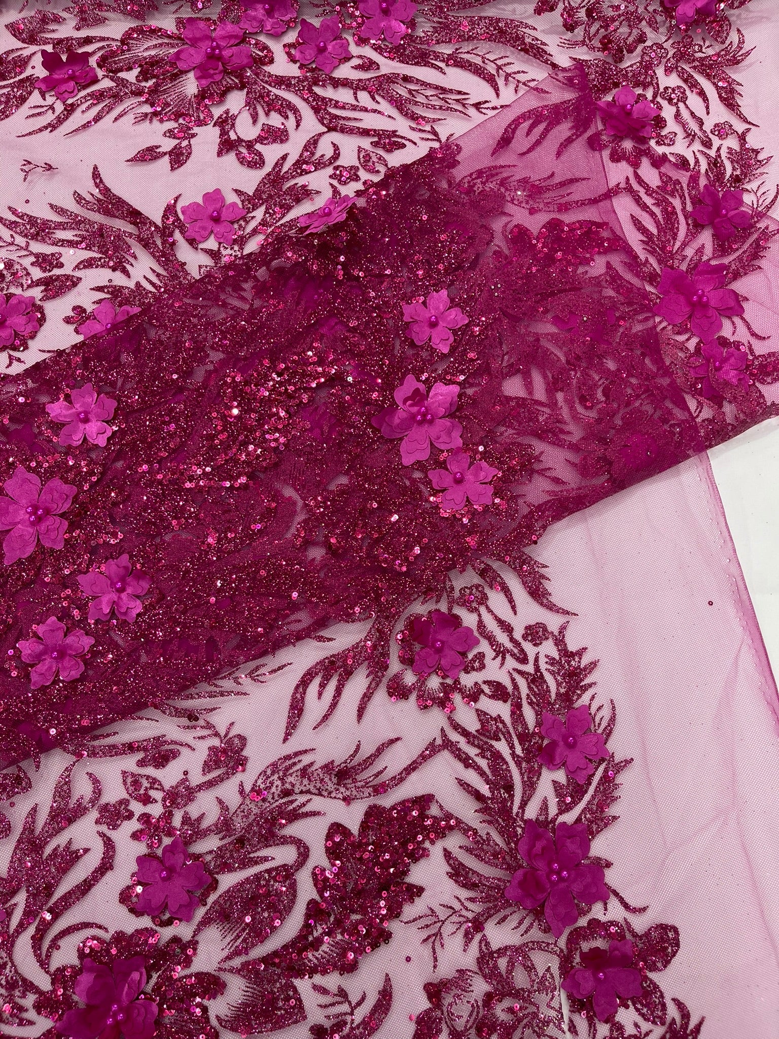 3D Floral Big Glitter Damask Design On A Mesh Lace 54" Wide| New Creations Fabric & Foam Inc. - New Creations Fabric & Foam Inc