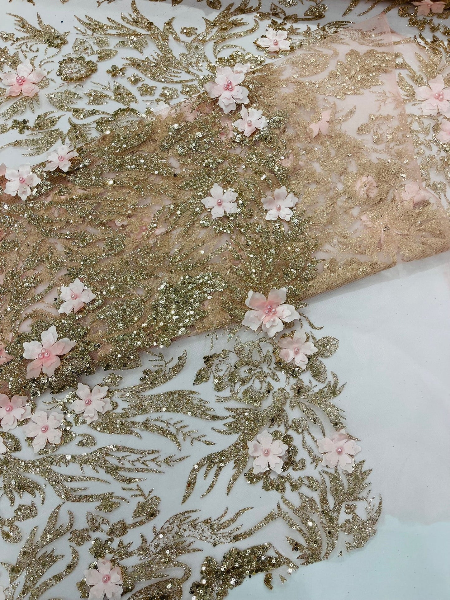 3D Floral Big Glitter Damask Design On A Mesh Lace 54" Wide| New Creations Fabric & Foam Inc. - New Creations Fabric & Foam Inc