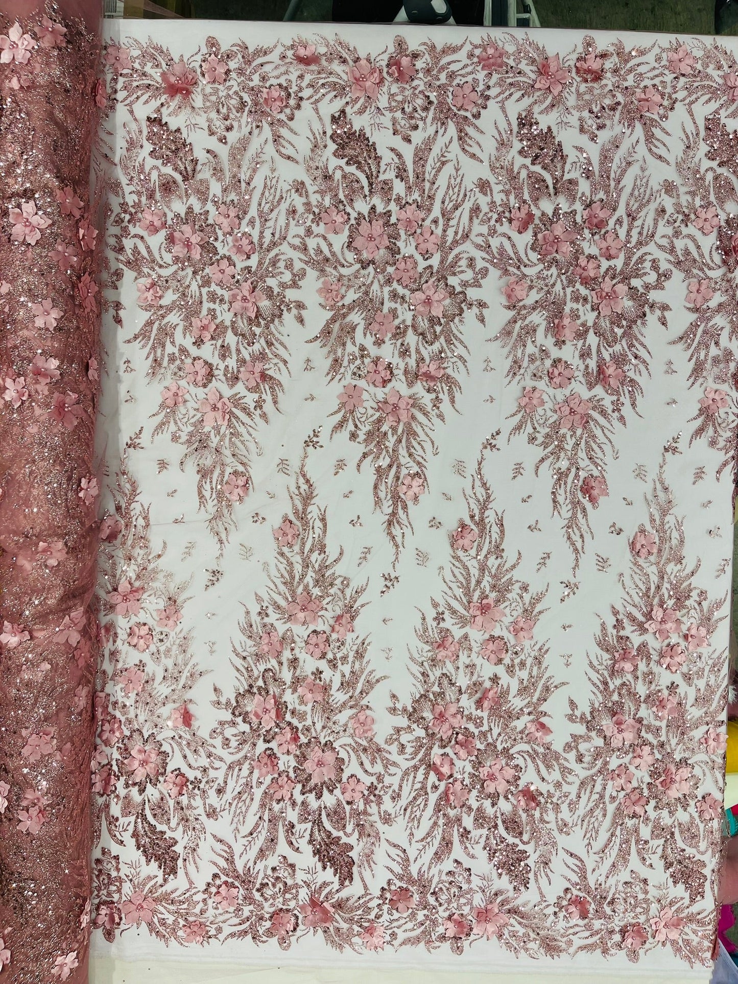 3D Floral Big Glitter Damask Design On A Mesh Lace 54" Wide| New Creations Fabric & Foam Inc. - New Creations Fabric & Foam Inc