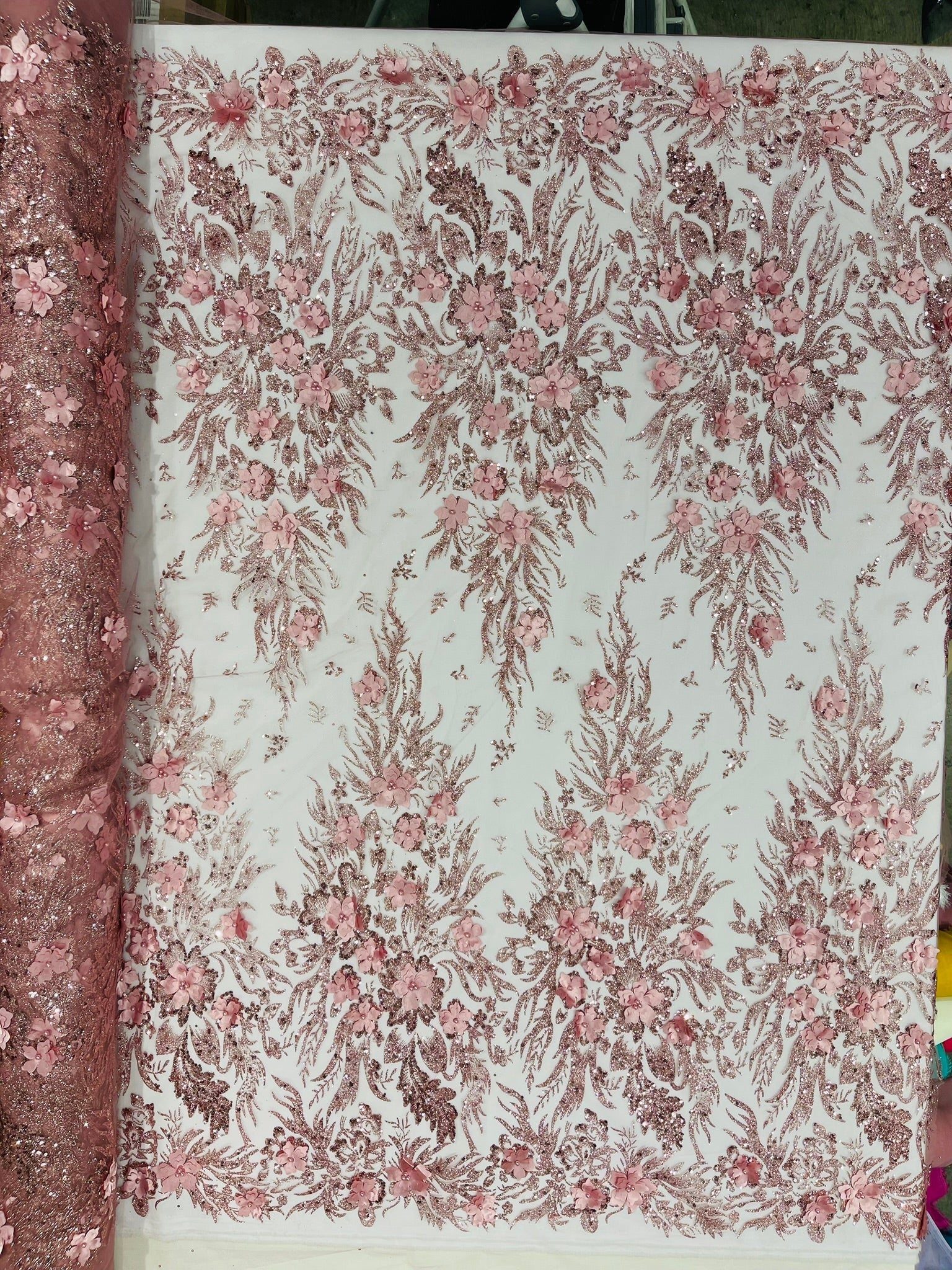 3D Floral Big Glitter Damask Design On A Mesh Lace 54" Wide| New Creations Fabric & Foam Inc. - New Creations Fabric & Foam Inc