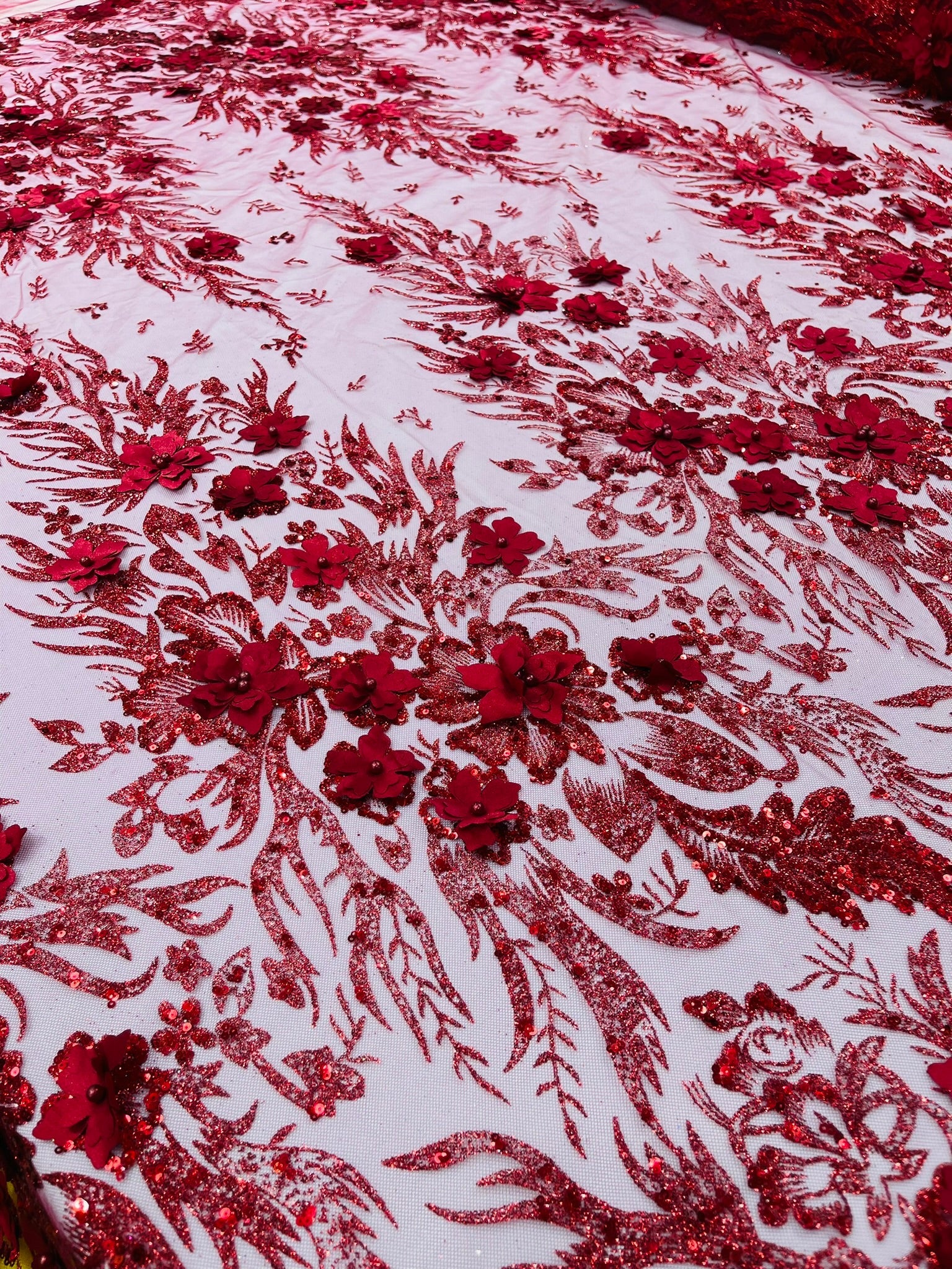 3D Floral Big Glitter Damask Design On A Mesh Lace 54" Wide| New Creations Fabric & Foam Inc. - New Creations Fabric & Foam Inc