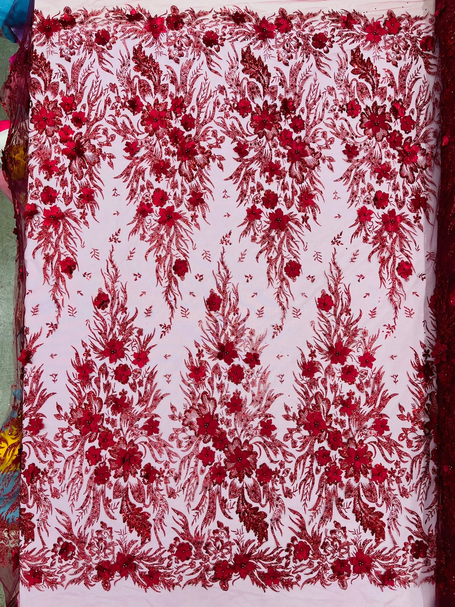 3D Floral Big Glitter Damask Design On A Mesh Lace 54" Wide| New Creations Fabric & Foam Inc. - New Creations Fabric & Foam Inc