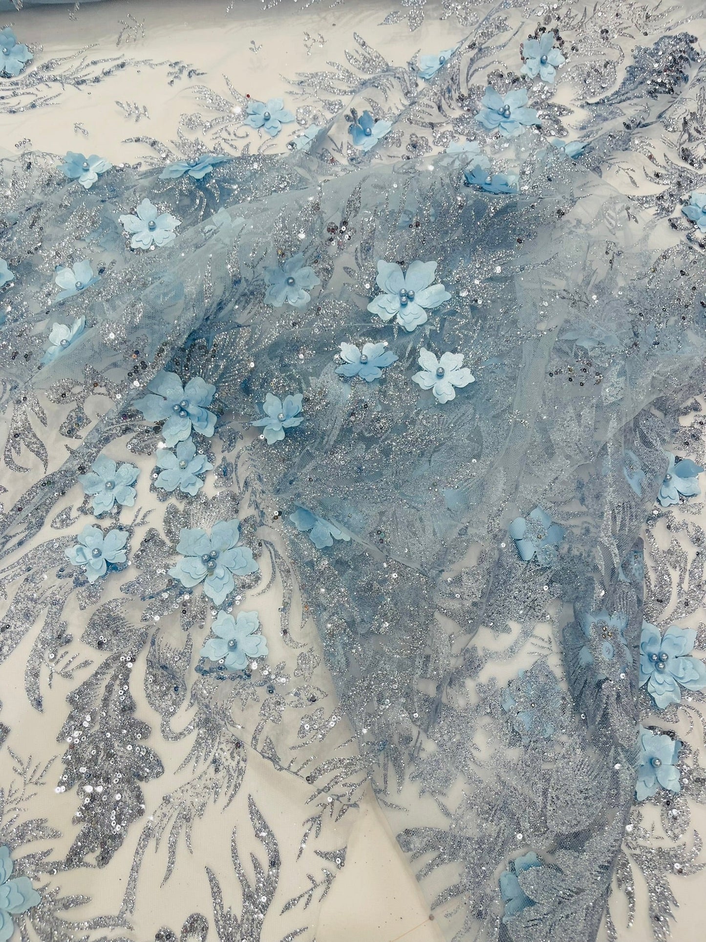 3D Floral Big Glitter Damask Design On A Mesh Lace 54" Wide| New Creations Fabric & Foam Inc. - New Creations Fabric & Foam Inc