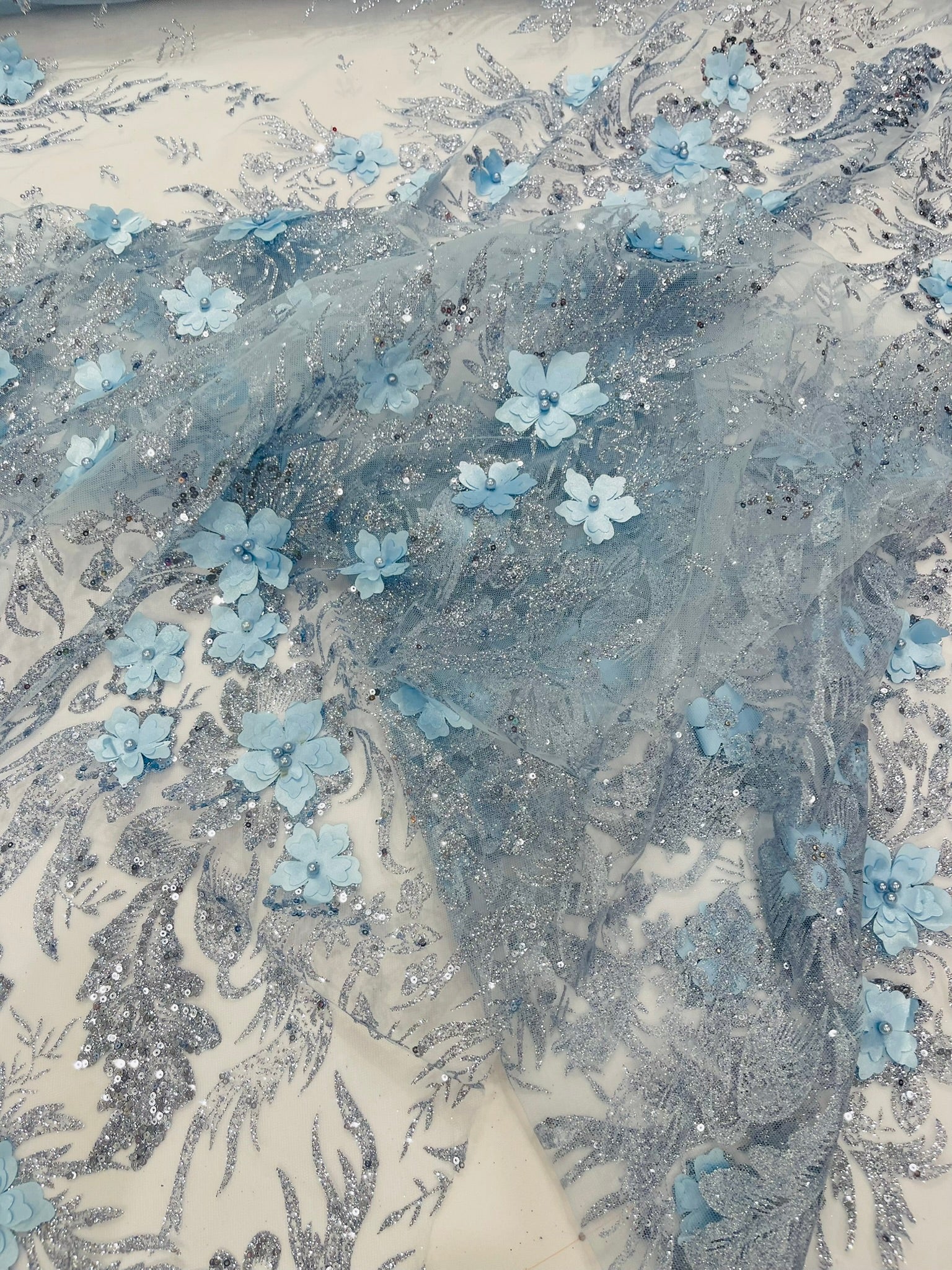 3D Floral Big Glitter Damask Design On A Mesh Lace 54" Wide| New Creations Fabric & Foam Inc. - New Creations Fabric & Foam Inc