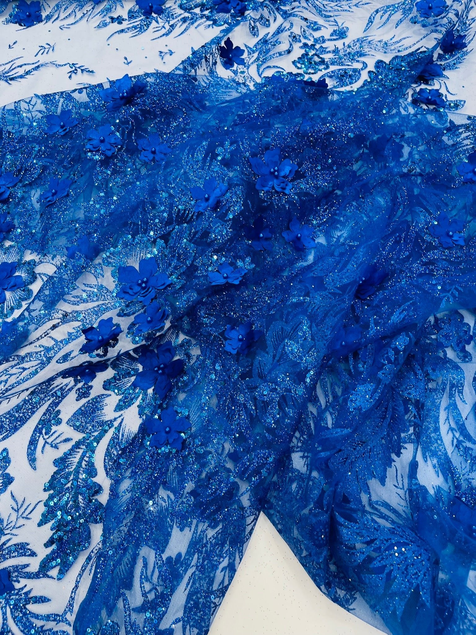 3D Floral Big Glitter Damask Design On A Mesh Lace 54" Wide| New Creations Fabric & Foam Inc. - New Creations Fabric & Foam Inc