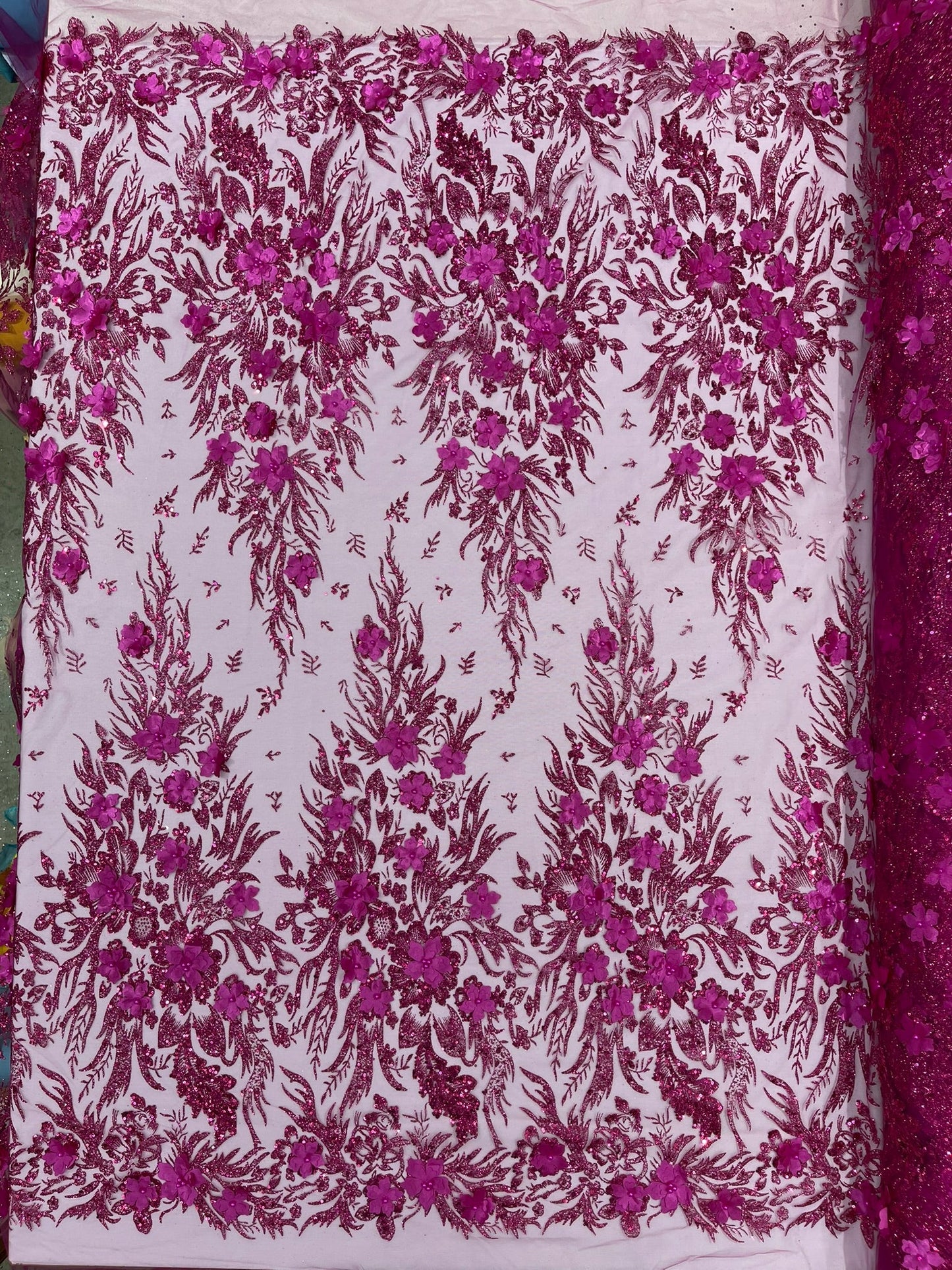 3D Floral Big Glitter Damask Design On A Mesh Lace 54" Wide| New Creations Fabric & Foam Inc. - New Creations Fabric & Foam Inc