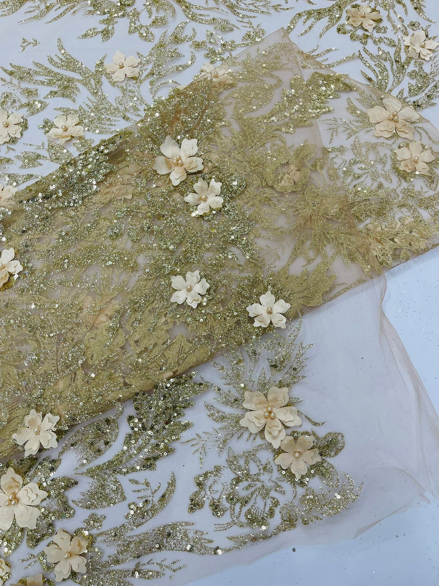 3D Floral Big Glitter Damask Design On A Mesh Lace 54" Wide| New Creations Fabric & Foam Inc. - New Creations Fabric & Foam Inc