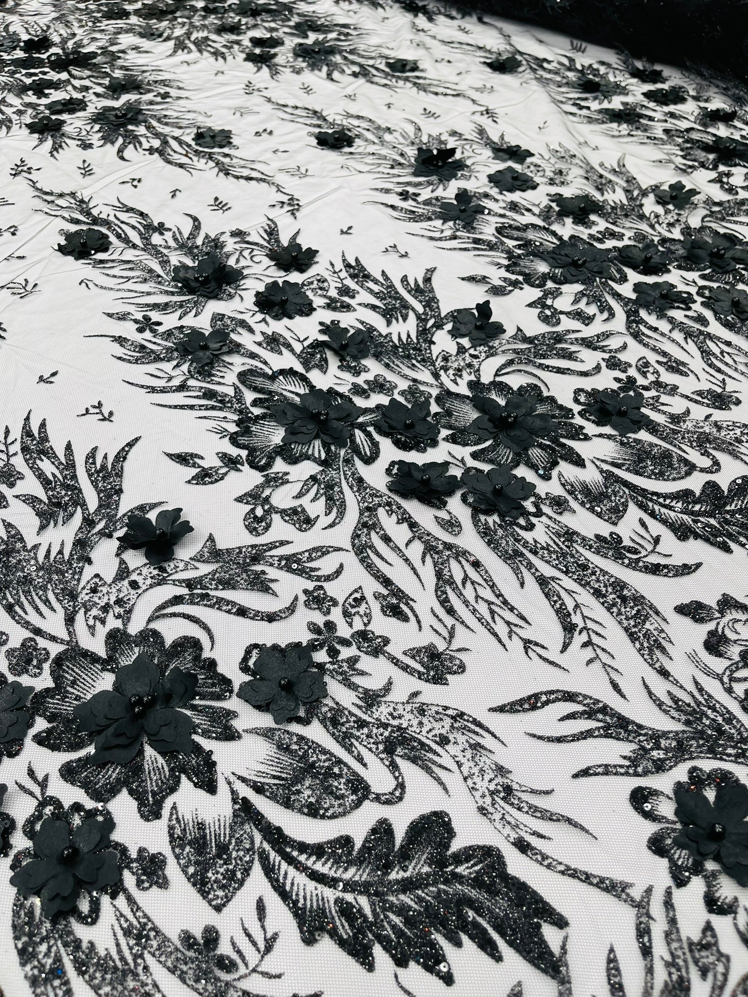 3D Floral Big Glitter Damask Design On A Mesh Lace 54" Wide| New Creations Fabric & Foam Inc. - New Creations Fabric & Foam Inc